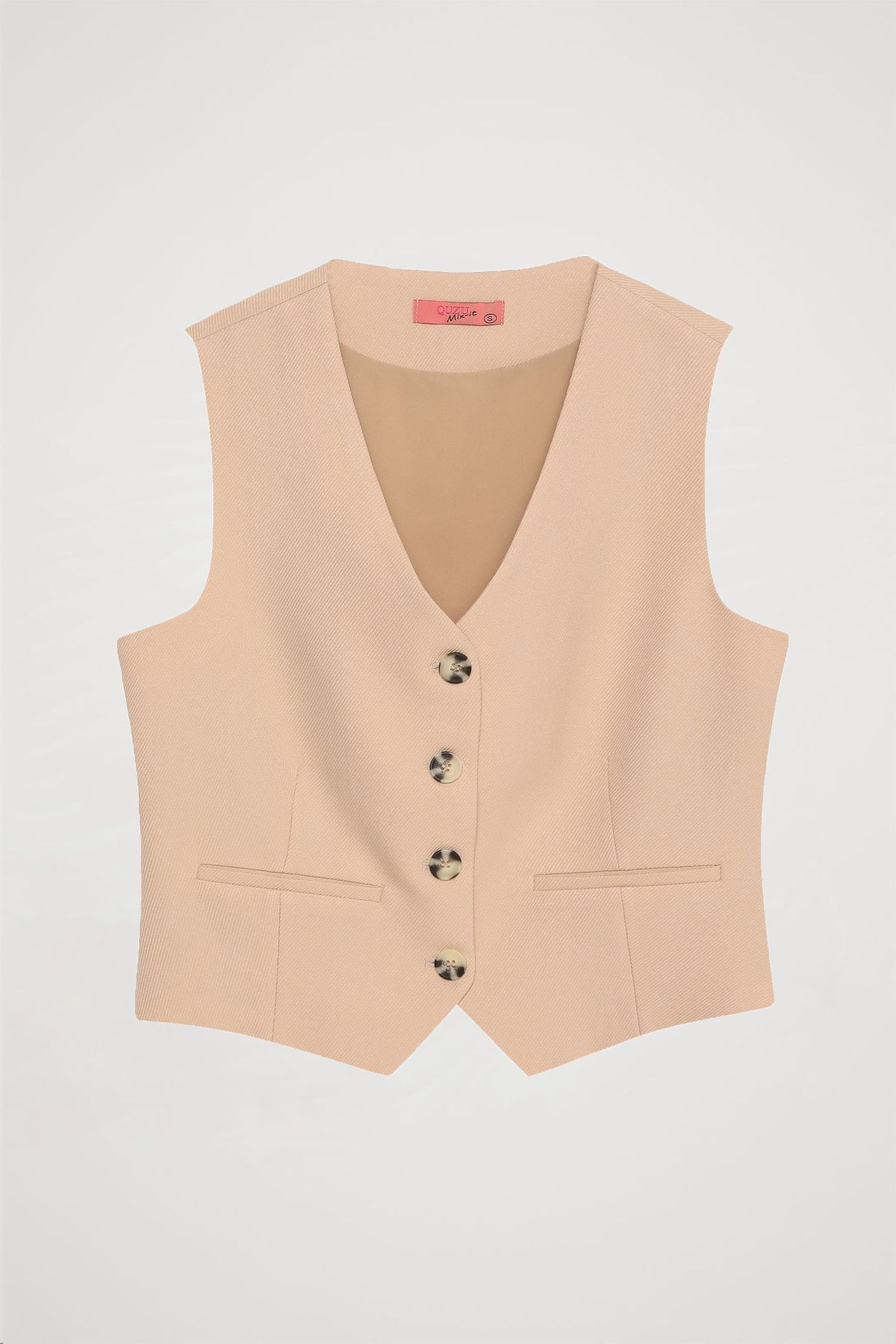Quzu-Beige Colored Front Buttoned Vest 2