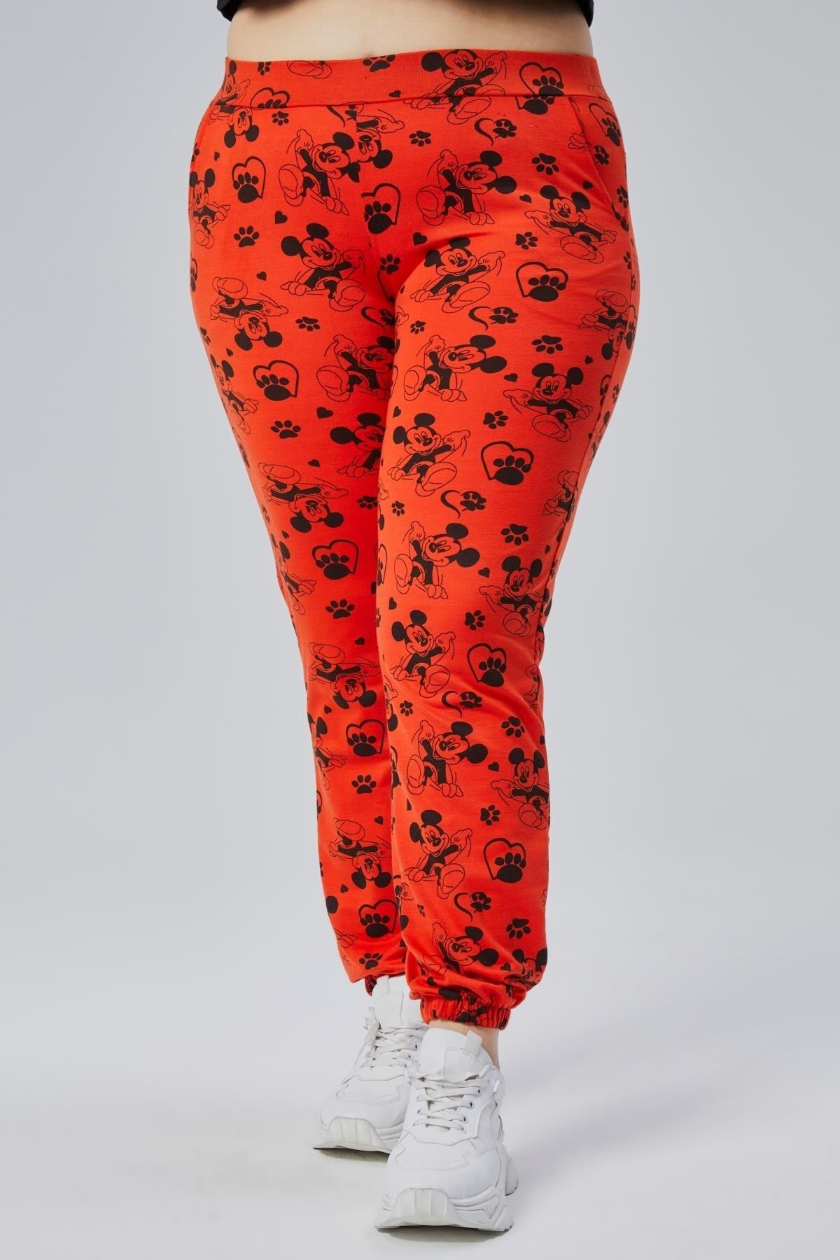 Seamoda-Large Size Elastic Waist and Leg Mickey Patterned Two-Pocket High Waist Comfortable Sweatpants-Red 4