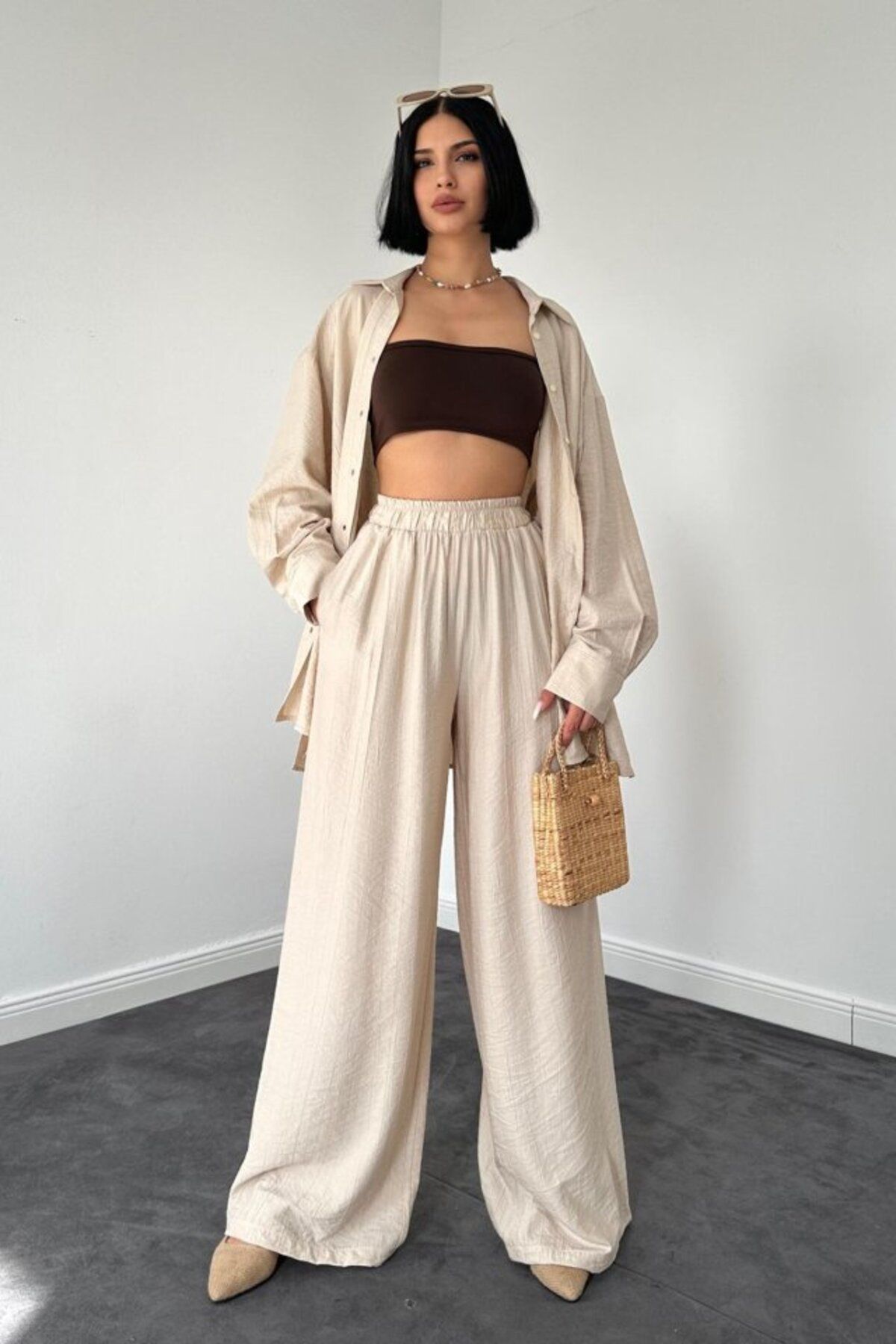MRA Fashion Bej Alice Gömlek Ve Bol Kesim Pantolon Takım