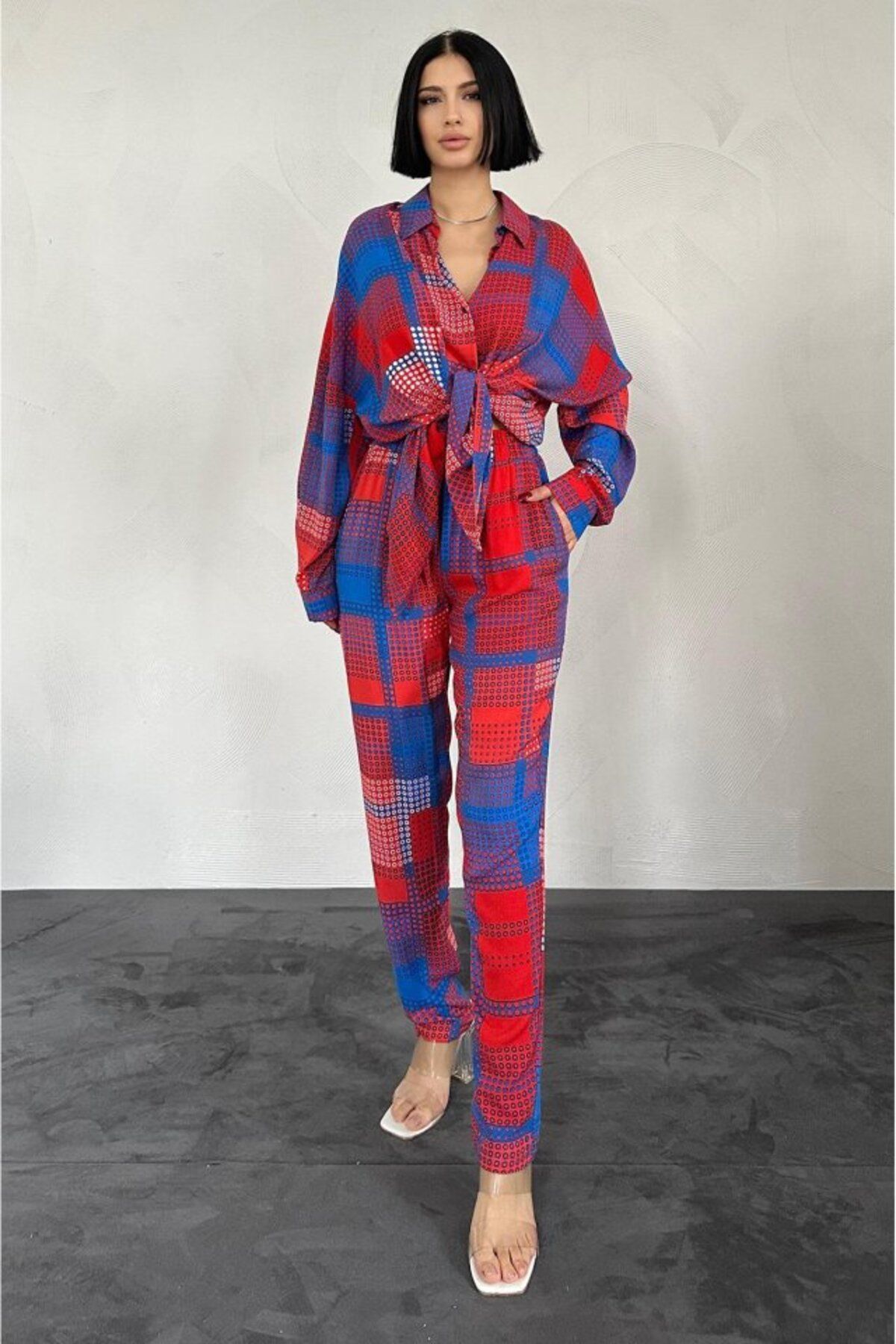 fh fashionhere Kırmızı Klasik Kalıp Viskon Gömlek Ve Pantolontakım