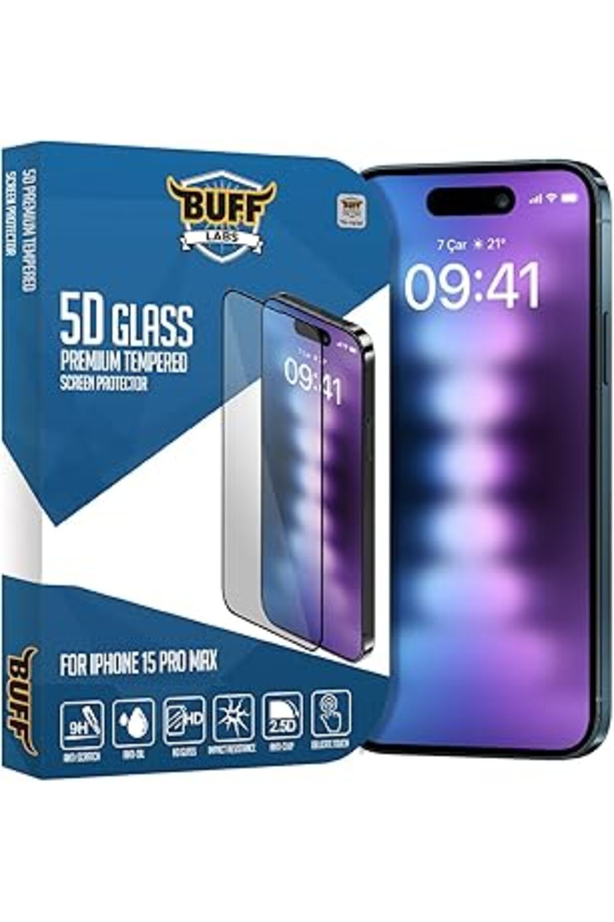 Qedii Buff Labs Buff Iphone 15 Pro Max Ile Uyumlu 5D Glass Ekran Koruyucu, Şeffaf