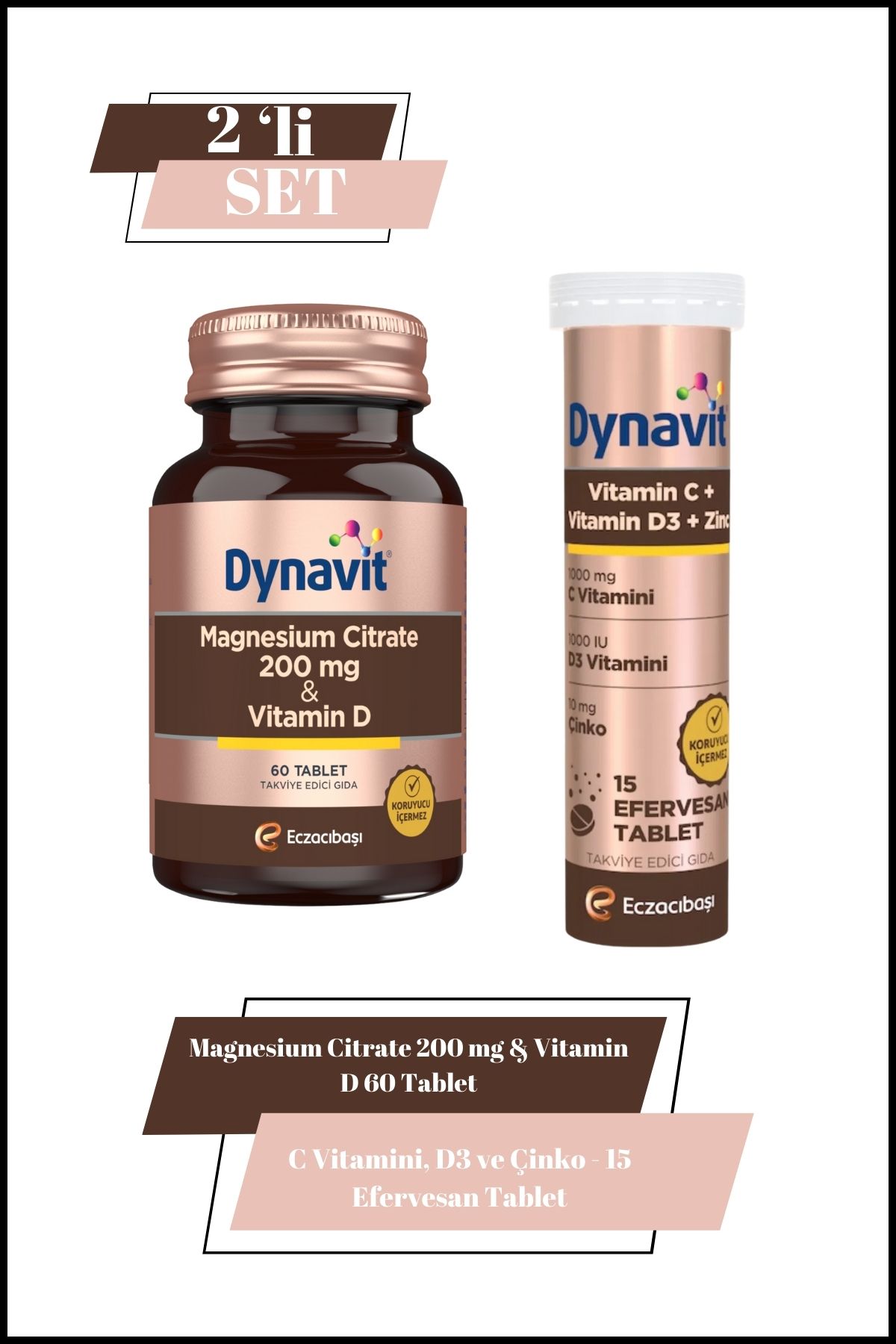 Dynavit Magnesium Citrate 200 mg & Vitamin D & C Vitamini, D3 ve Çinko-15 Efervesan