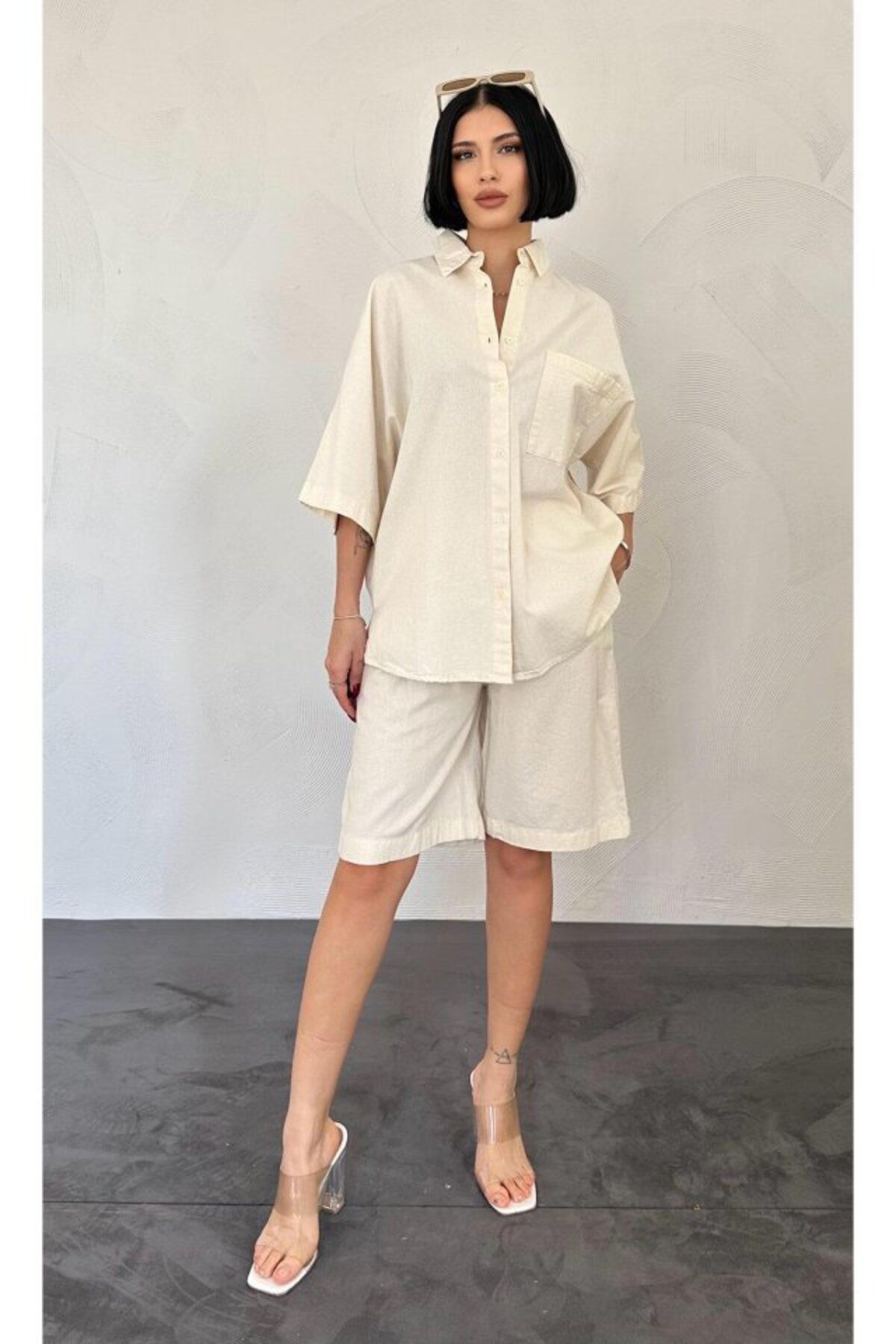 fh fashionhere Ekru Kısa Kollu Keten Gömlek Ve Şort Takım