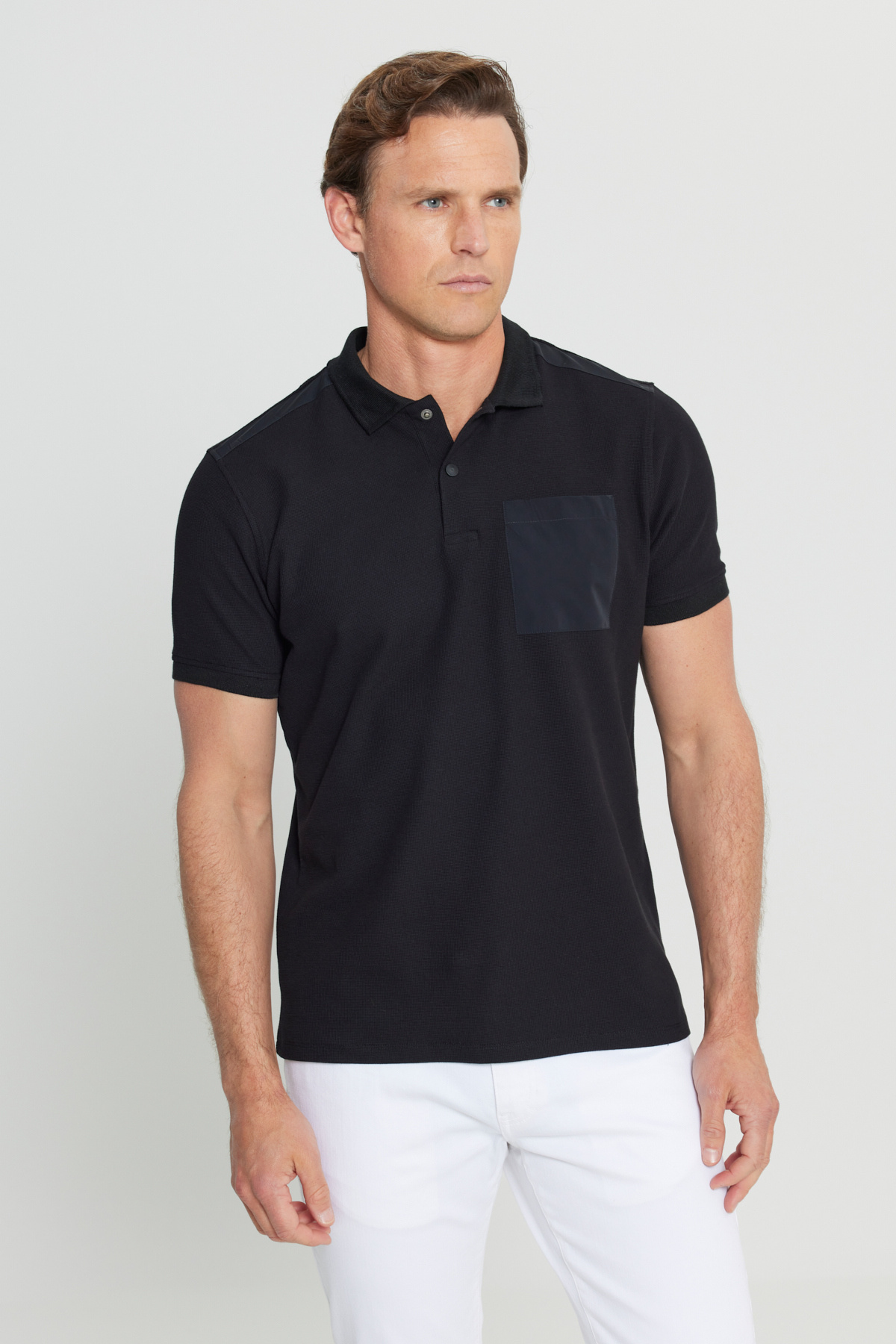 Erkek Siyah Pamuklu Slim Fit Dar Kesim Polo Yaka Esnek Tişört