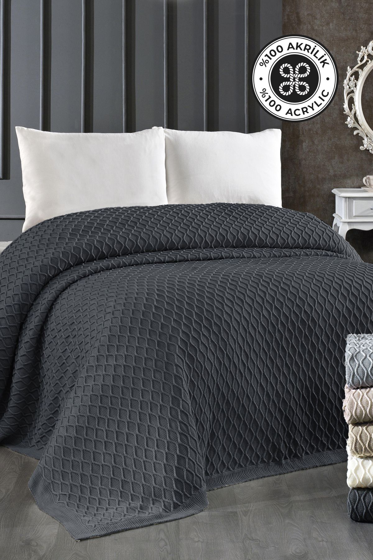 Evlen Home Tricotaj Tricotat Acrilic - 220x240 Cm Husă De Pat Pique Poly Antracit - One Size