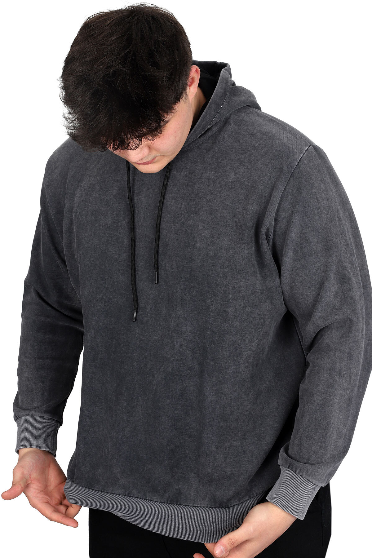 ModeXL Mode XL Büyük Beden Erkek Kapüşonlu Sweatshirt Asit Yıkama Interlok U24167 Beyaz görsel 3