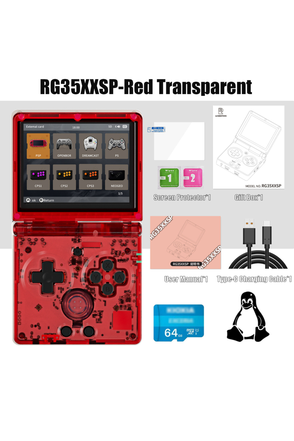 Choice-64G(5K Games) Red ANBERNIC NEW RG35XXSP Flip Handheld Game Console 3.5 Inch IPS Clamshell Video Gami 1