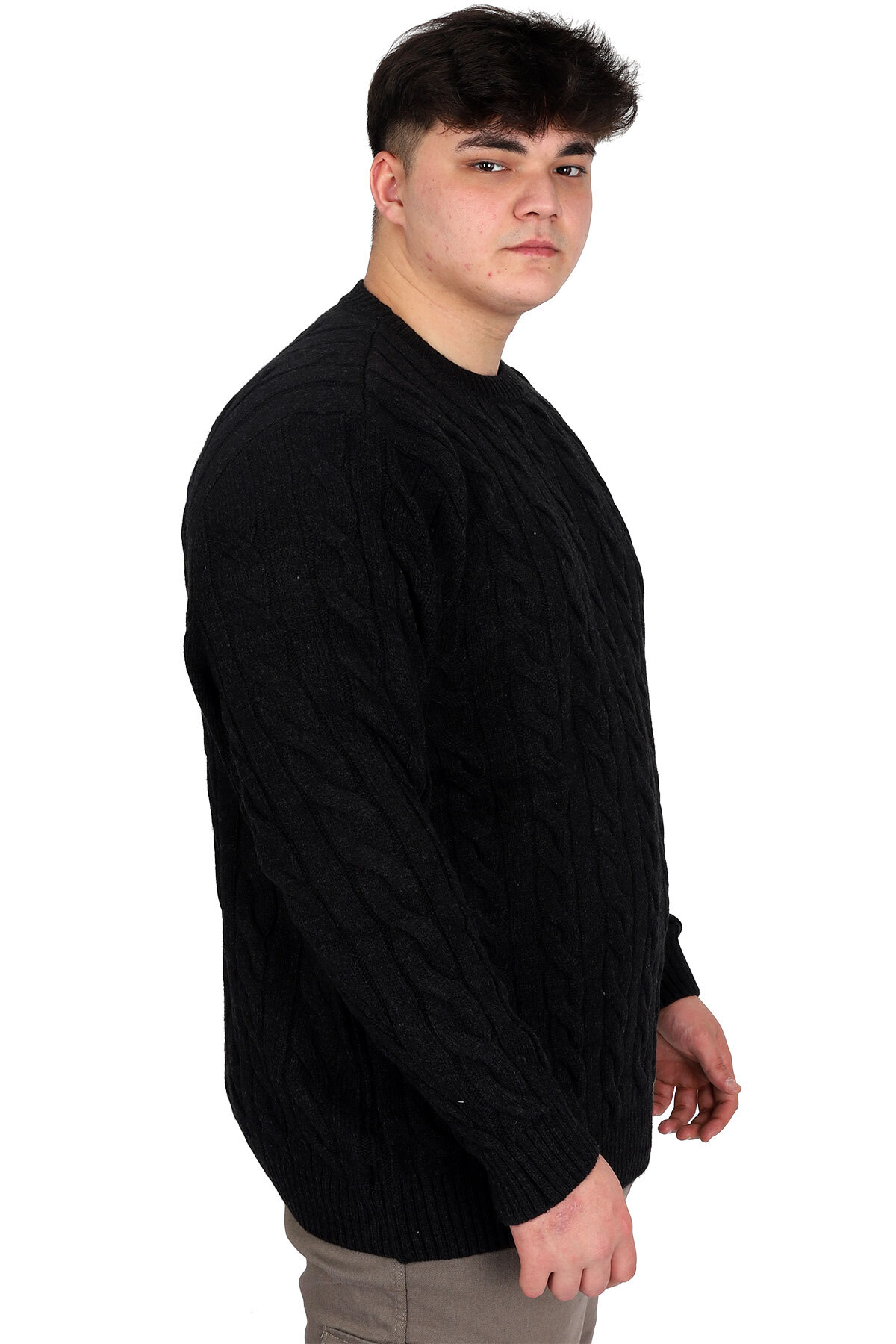 ModeXL Mode XL Büyük Beden Erkek Kazak Bisiklet Yaka BRAIDED 24211 Siyah görsel 3