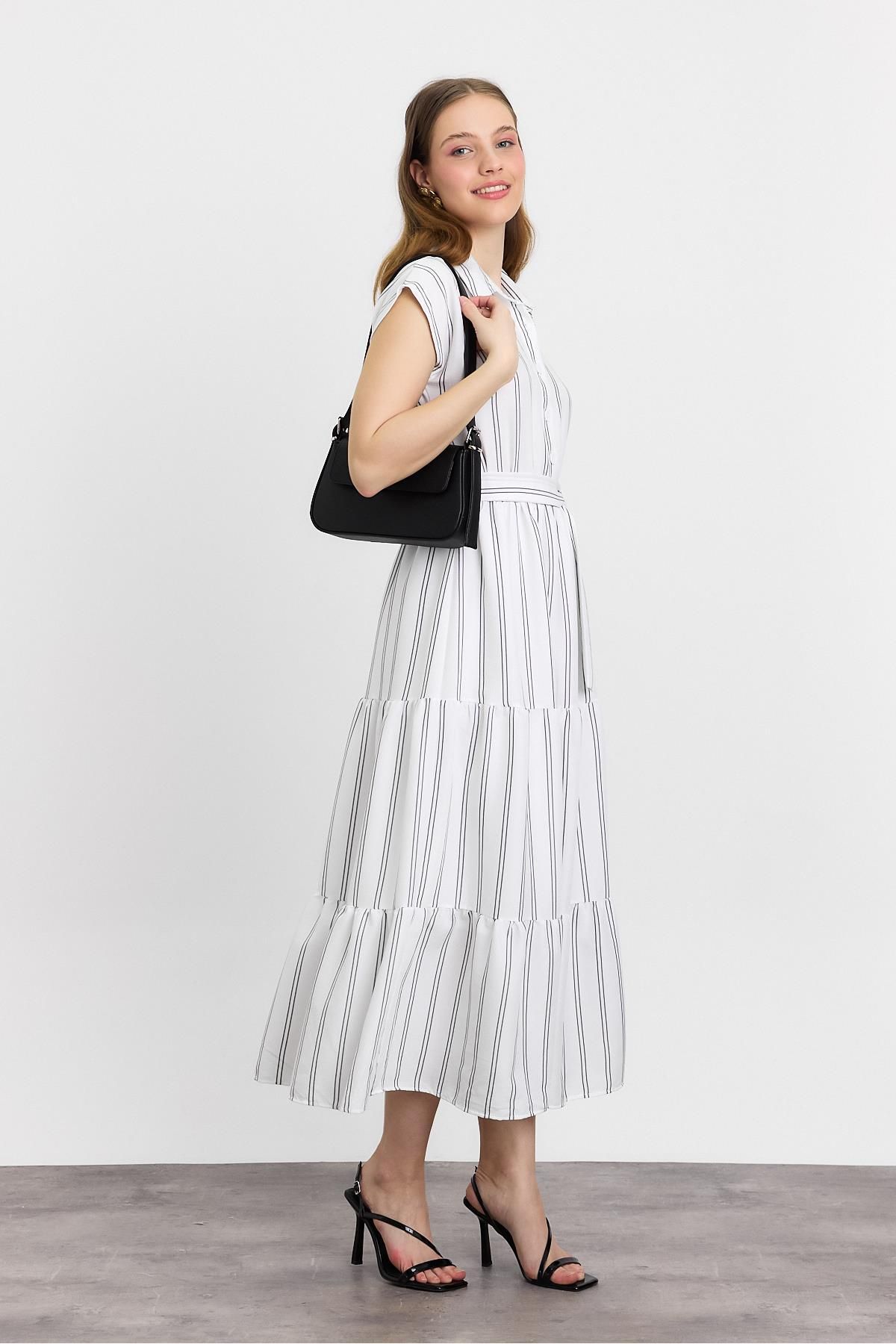 Rays-4443A Rochie lungă cu cravată în talie în dungi Ecru 7