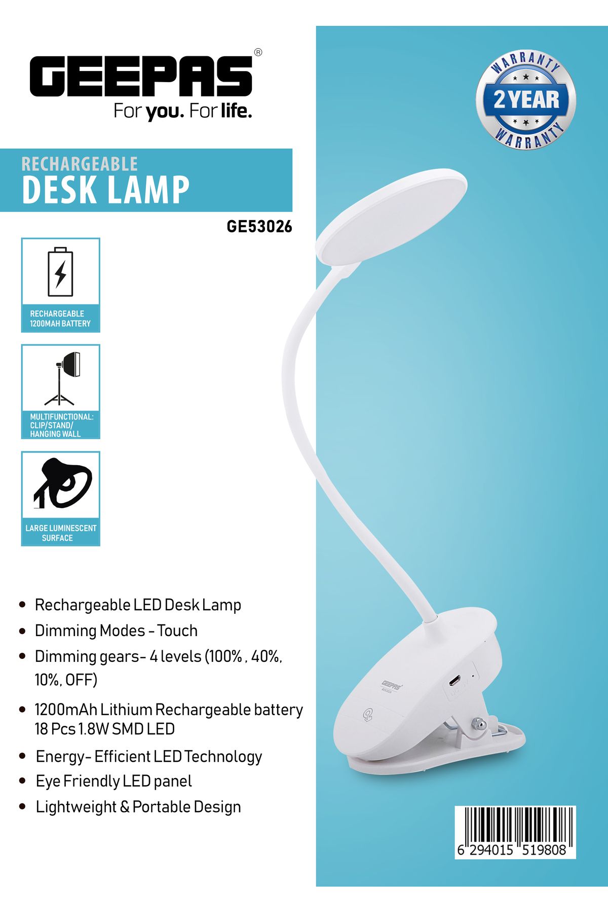 Geepas-Rechargeable Desk Lamp,Large Luminescent Surface,Touch Sensitive Control,3 Brightness level-GE53026 3