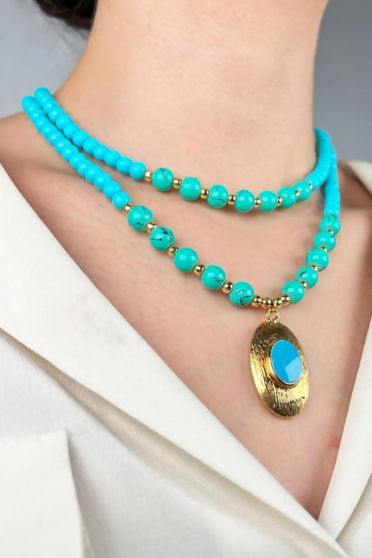 Sose Moda-Double Row Bead Necklace with Gold Plated Tip - Turquoise 3