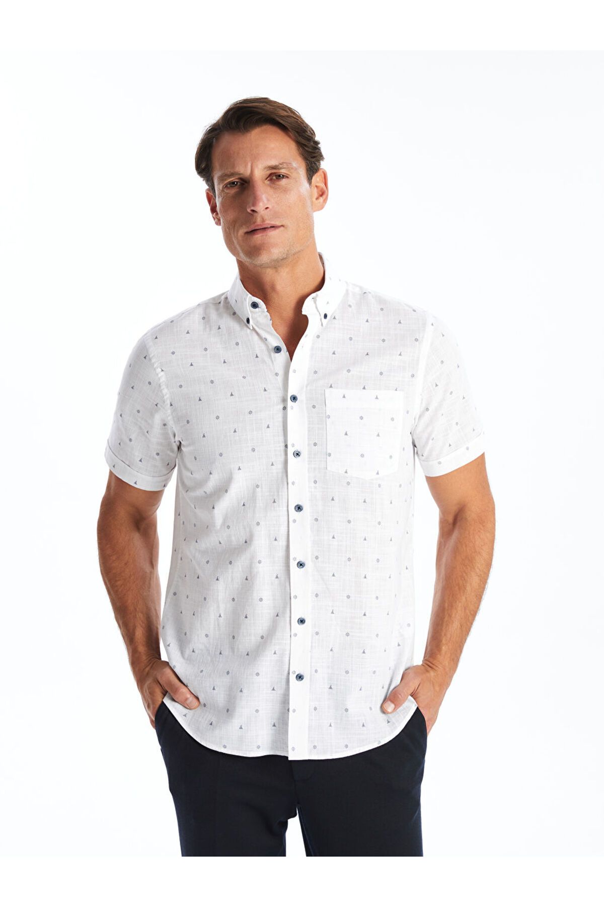 LC Waikiki Yeni Sezon Regular Fit Kisa Kollu Desenli Poplin Erkek Gomlek - S4BY23Z8