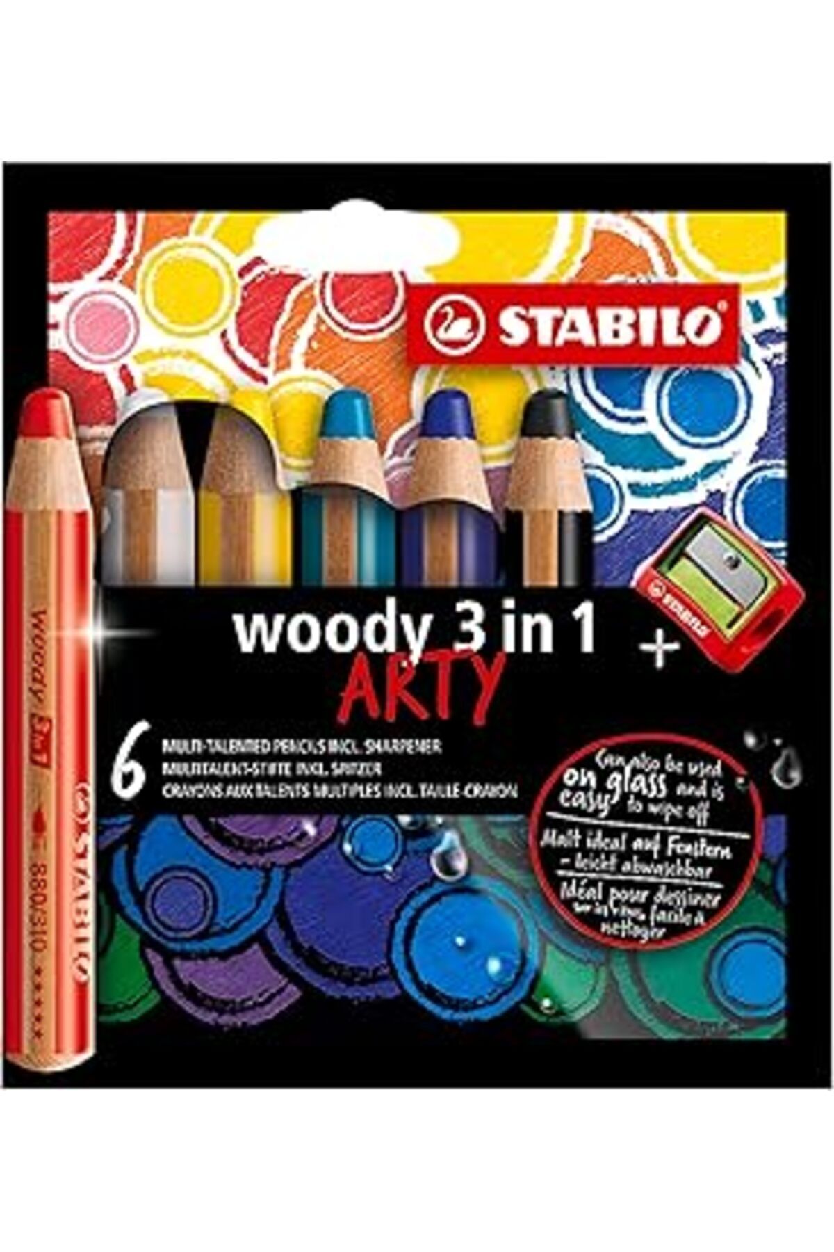Mu Art Ahşap Woody 3'ü 1 Arada Arty - Renkli Kalem, Sulu Boya Ve Mum Boya Tebeşiri - 6'lı Paket - Çeşitli Renkle