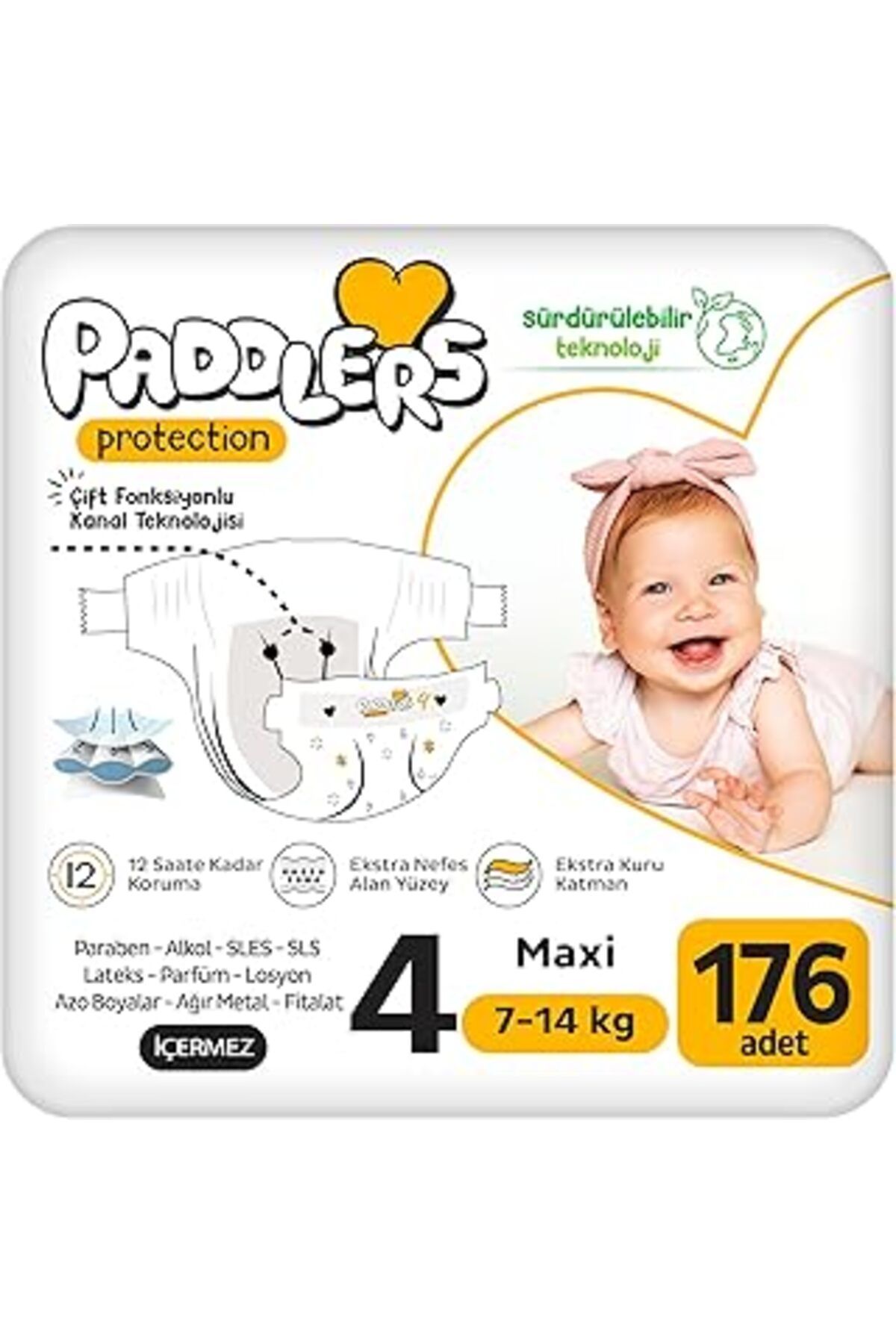 Mu Art Ahşap Paddlers Protection Bebek Bezi 4 Numara Maxi 176 Adet (7-14 KG) Ekstra Jumbo Set
