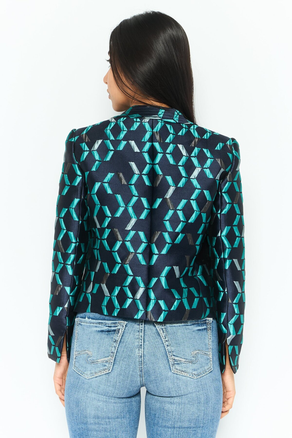 Emporio Armani-Women Regular Fit Textured Semi-Formal Blazer, Navy Combo 4