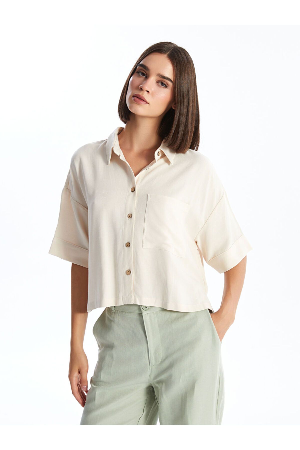 LC Waikiki LCW Düz Oversize Keten Karışımlı Kadın Gömlek