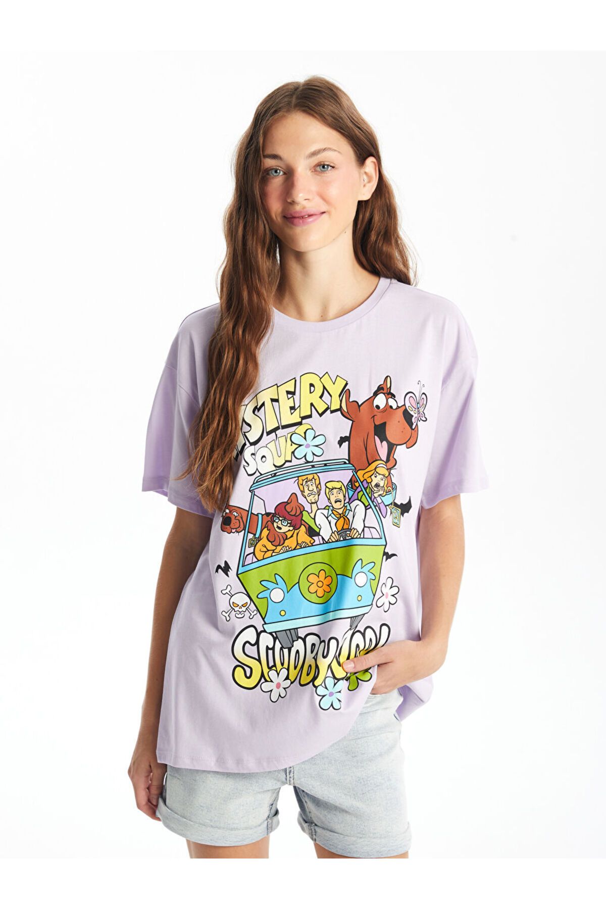 LC Waikiki Yeni Sezon Bisiklet Yaka Scooby Doo Baskili Kisa Kollu Kadin Tisort - S4N379Z8
