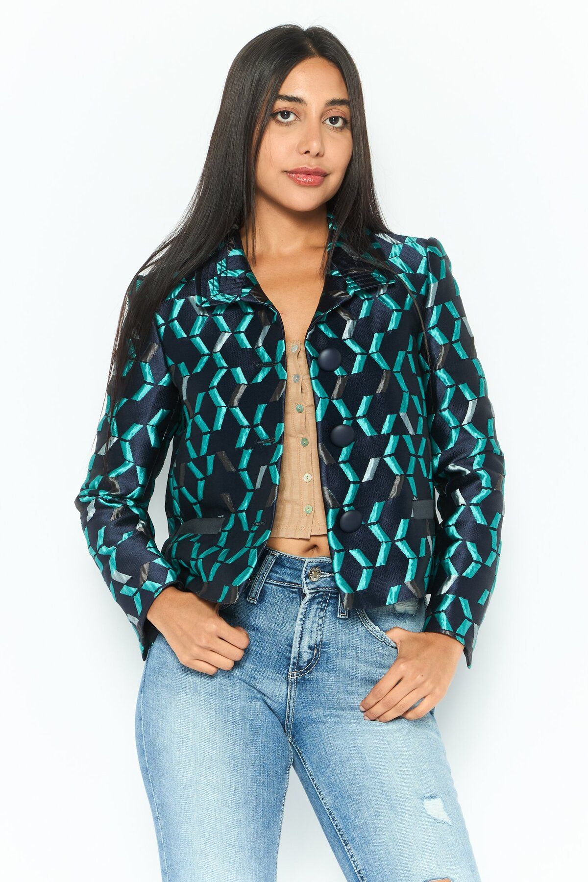 Emporio Armani-Women Regular Fit Textured Semi-Formal Blazer, Navy Combo 1