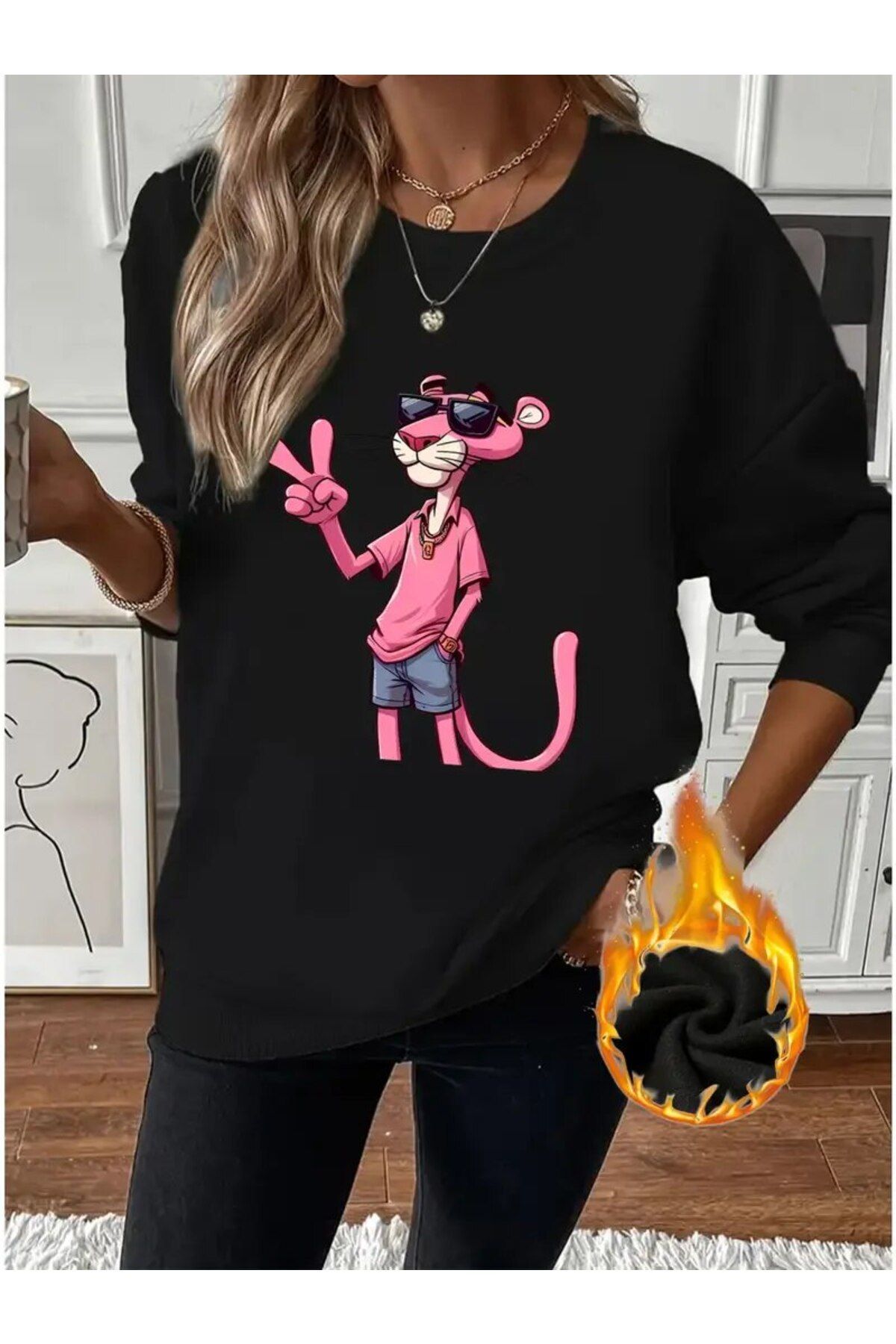 LAND MODA Kadınlar için Pembe Panter Karikatür Baskılı Sweatshirt - Rahat Polar Astarlı,