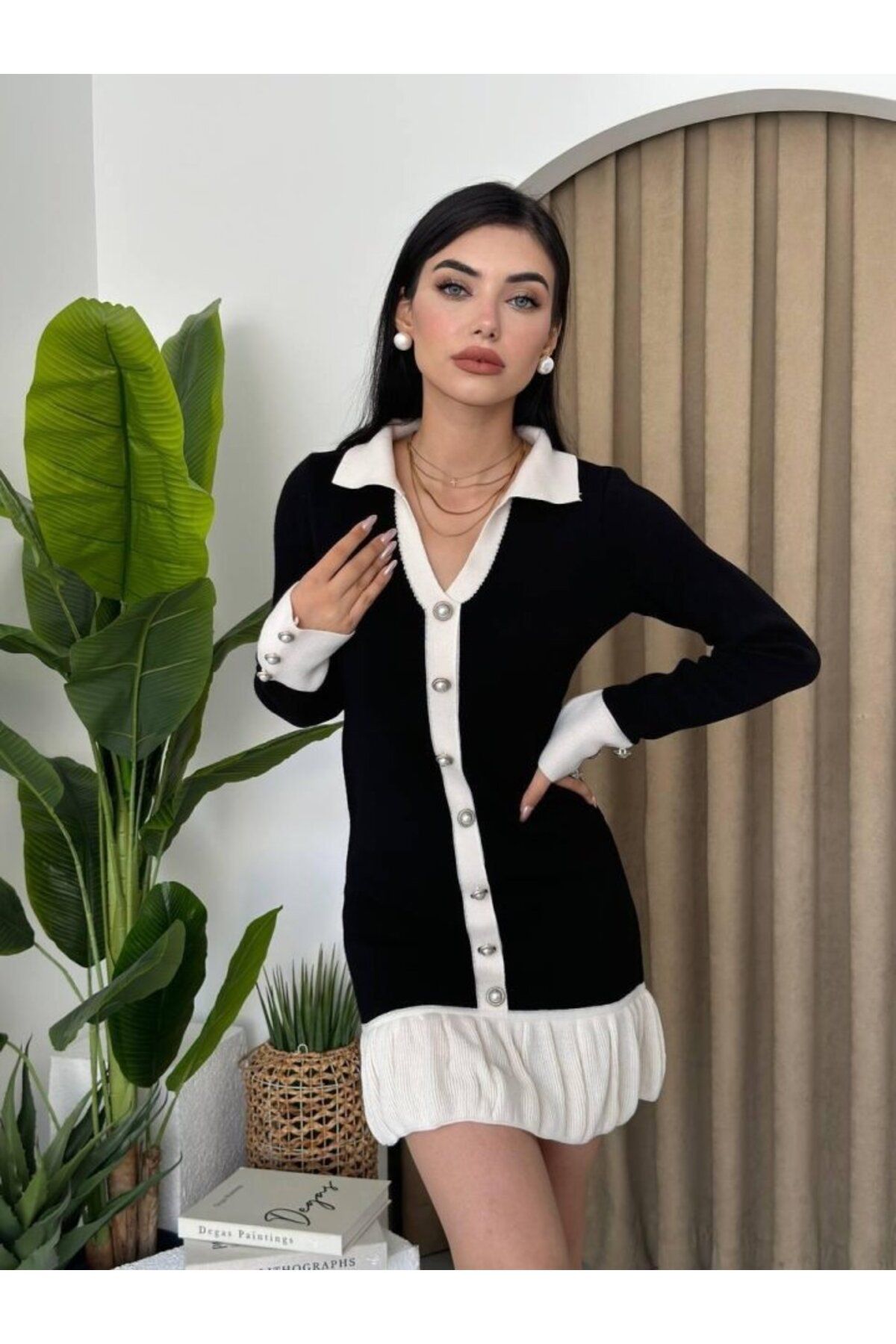 MHT STORE Bochum İnci Düğmeli Mini Elbise