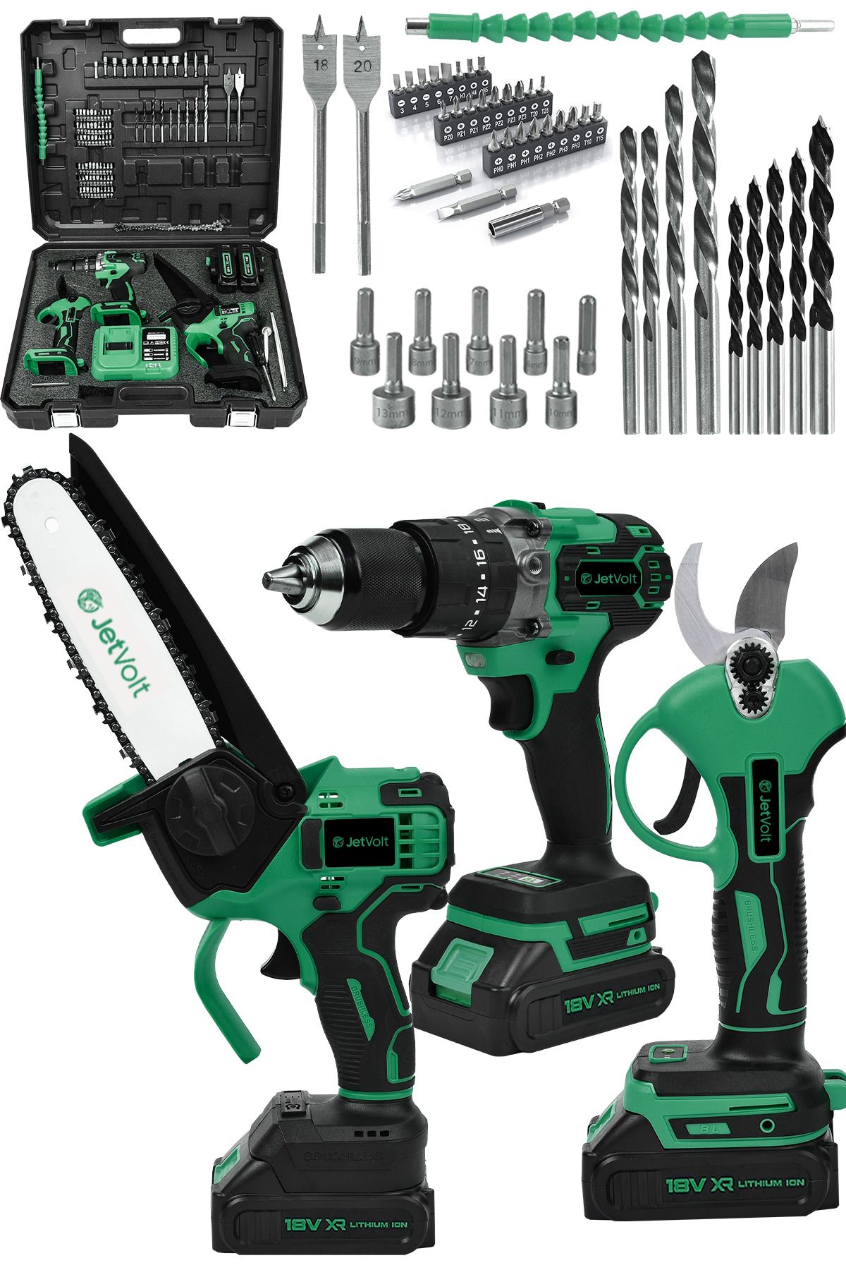 JetVolt 3 lü Set Kömürsüz Motor Çift Akülü Şarjlı Matkap Şarjlı Budama Makası Şarjlı Budama Testeres