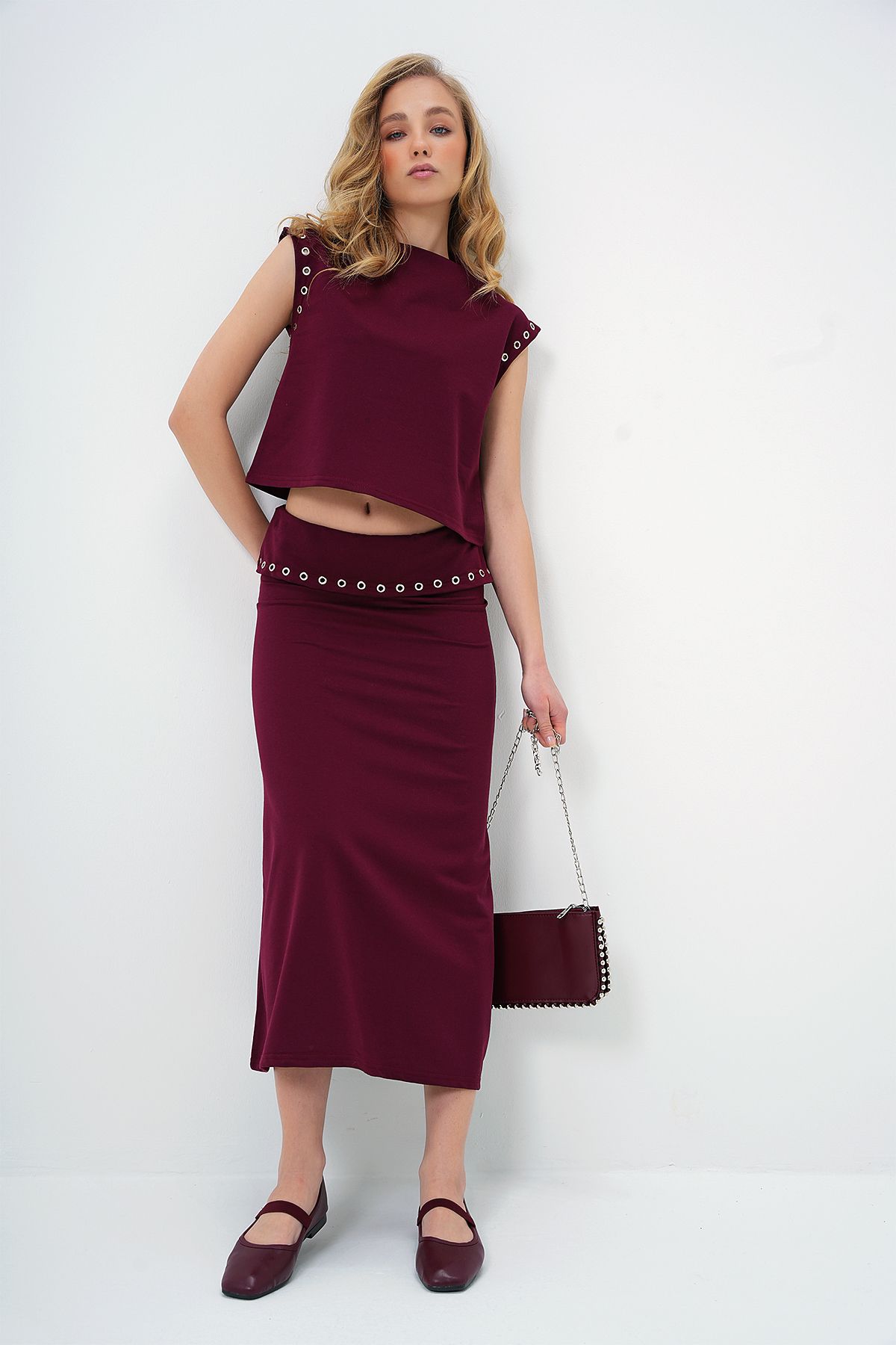 Trend Alaçatı Stili-Burgunderfarbenes Damen-Set mit Stehkragen, Bluse und Rock ALC-X13482 4