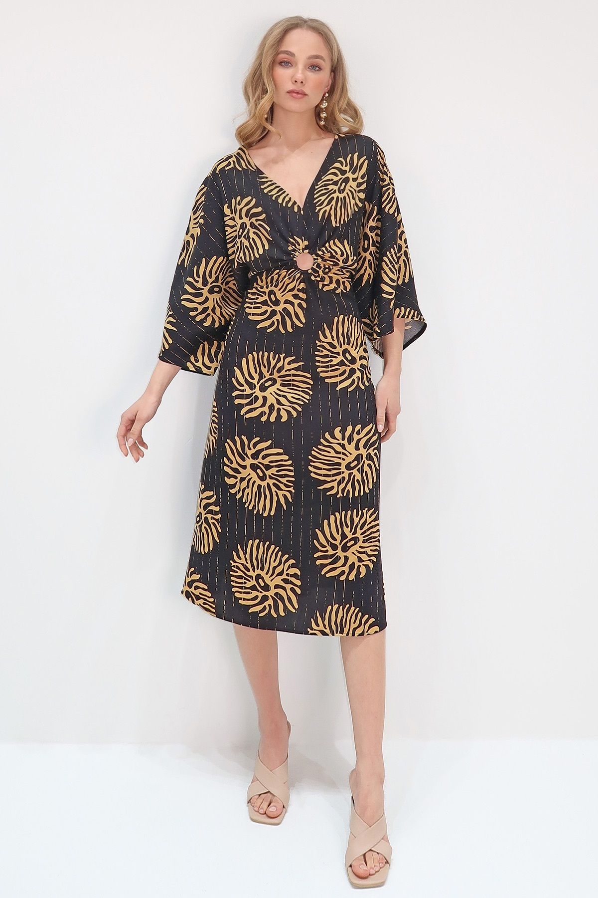 Trend Alaçatı Stili Rochie Neagră De Damă, Cu Decolteu În V, Cu Inele, Țesute, Din Viscoză Femeie - 36