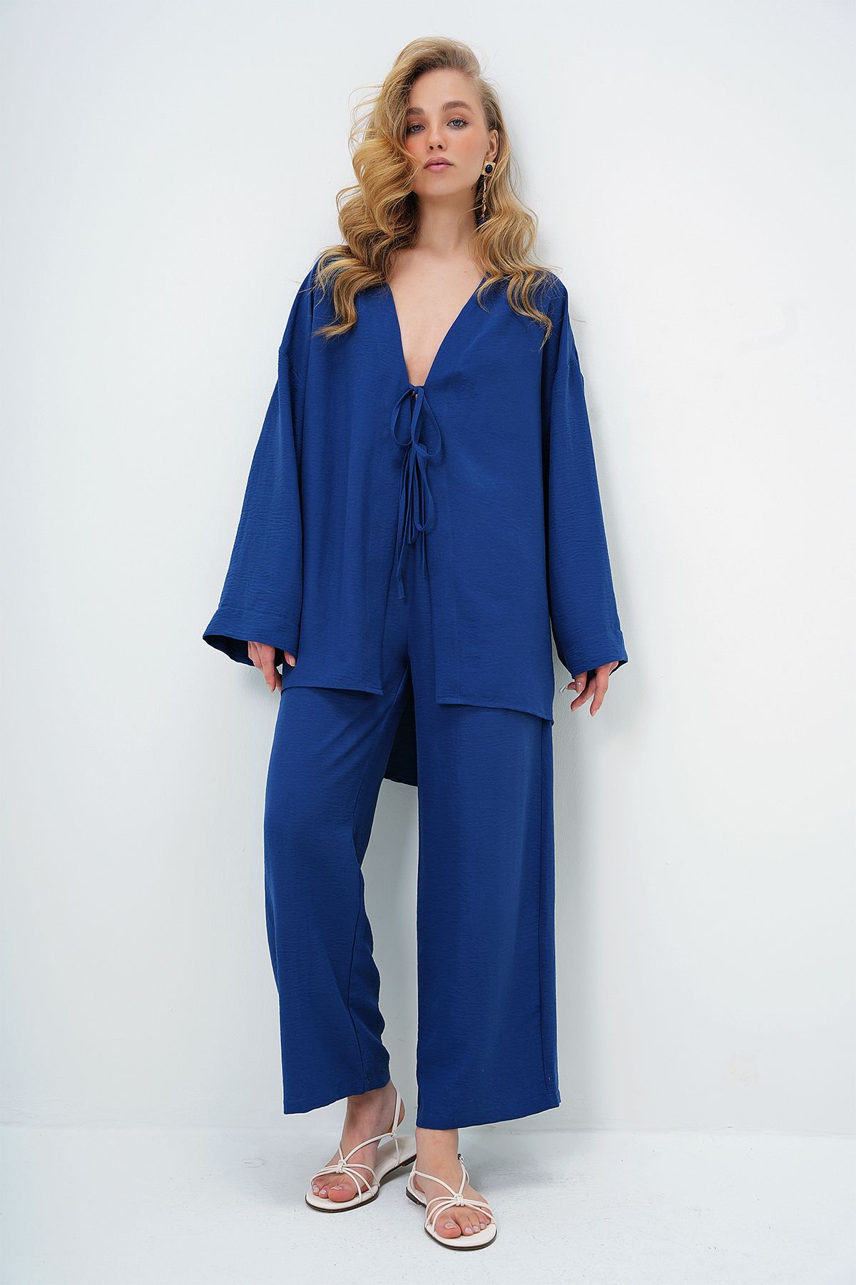 Trend Alaçatı Stili Granatowy Koronkowany Kimono I Spodnie Palazzo W Komplecie Kobieta - 38