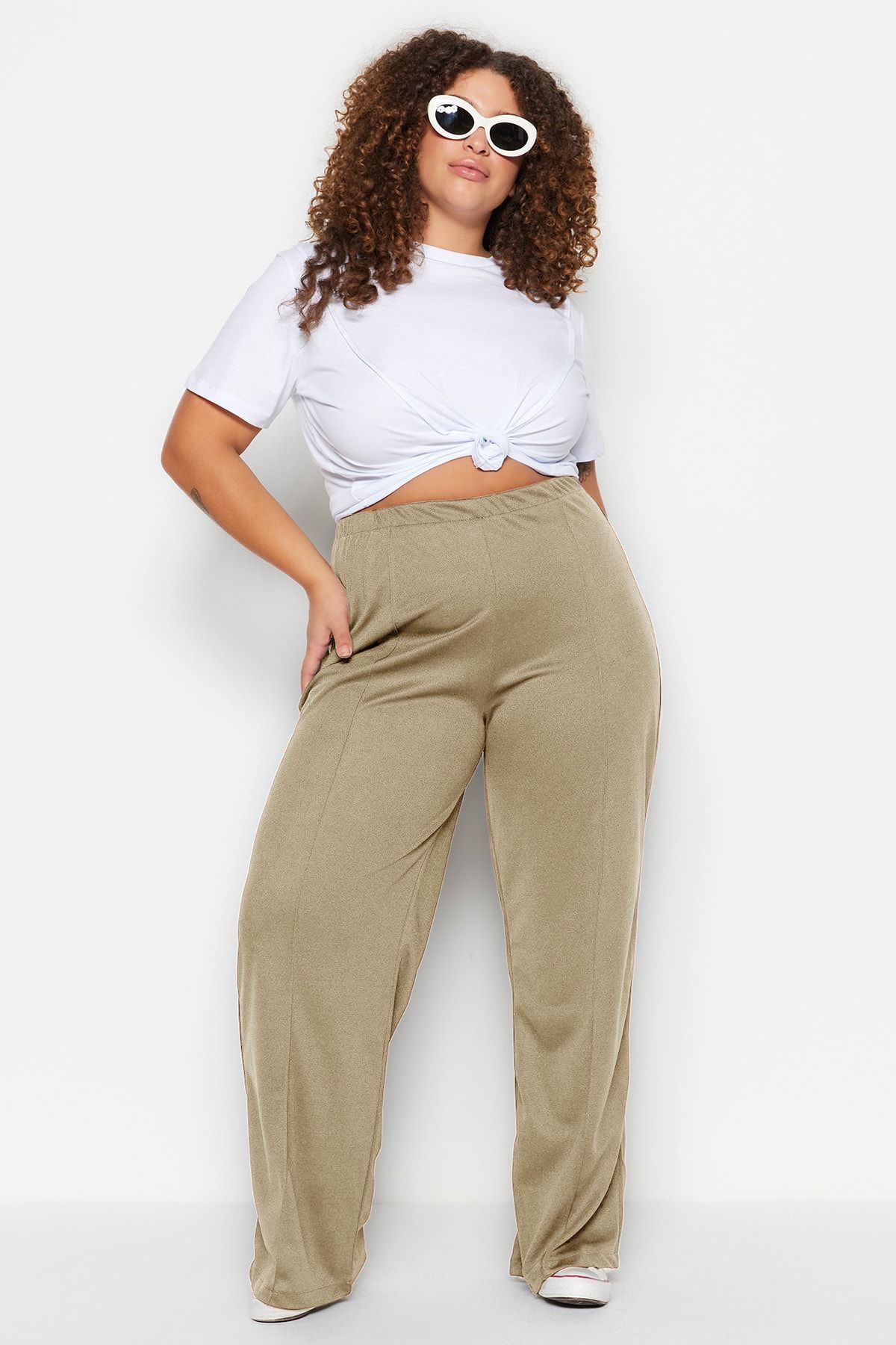 Trendyol Curve Beżowe Spodnie Z Wysokim Stanem I Prążkowaną Dzianiną Tbbss23ar00021 Kobieta - 5XL