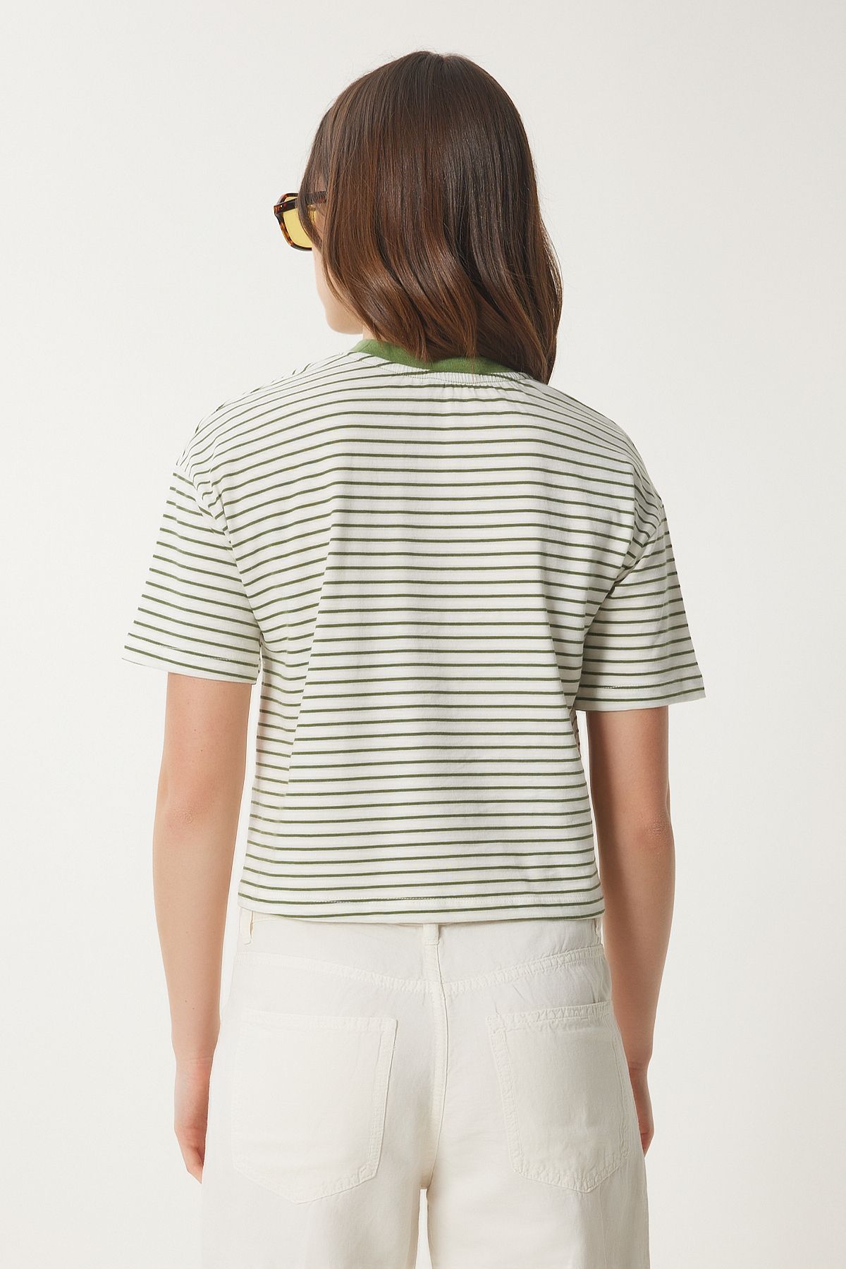 Happiness İstanbul-Damen-T-Shirt aus gestreifter Baumwolle mit grünem Knochenstickerei CR00447 5