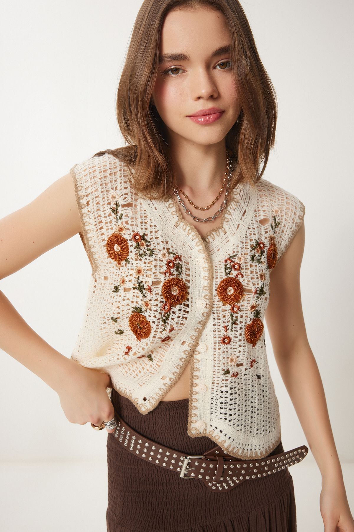 Happiness İstanbul Sukkulente Creme Häkelstrickweste – Ethnisch Gemustert für Damen - S/M