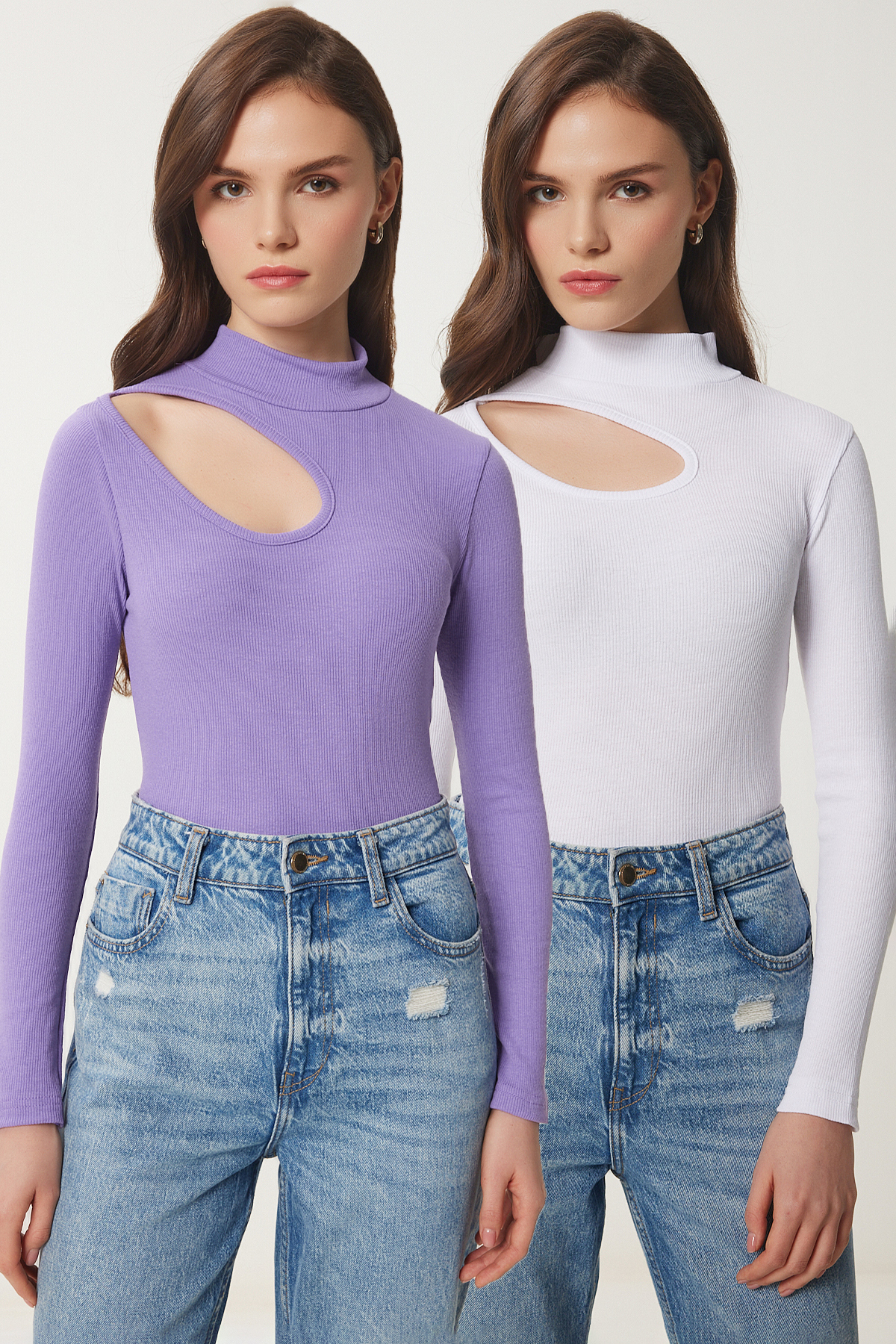 Kadın Lila Beyaz 2'Li Paket Cut Out Detaylı Fitilli Örme Bluz GT00235