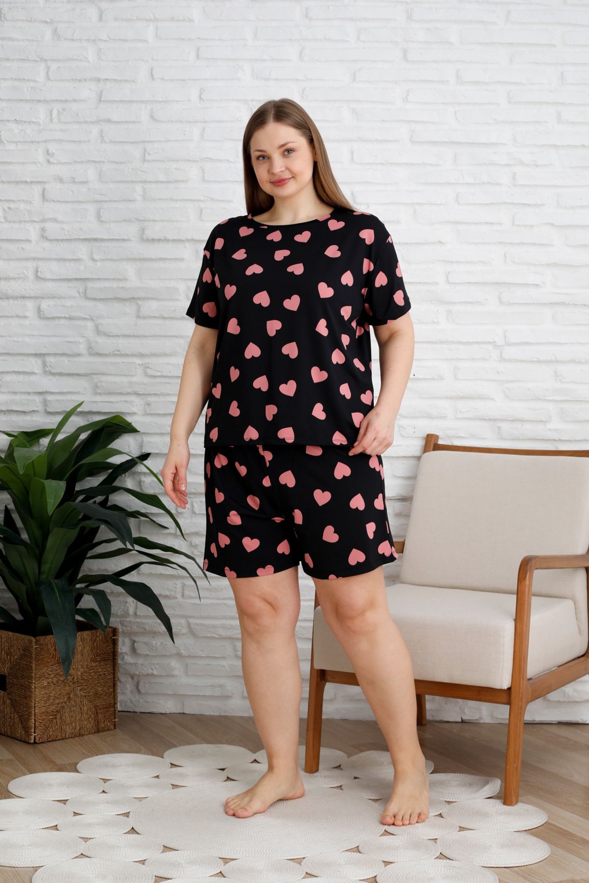Trendyol Curve-Black Heart Pattern Soft Button Milan Knitted Pajamas Set Tbbss25Ai00060 1