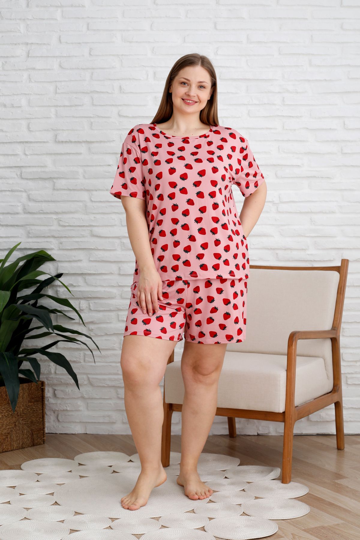 Trendyol Curve-Pink Strawberry Pattern Soft Button Milan Knitted Pajamas Set Tbbss25Ai00060 3