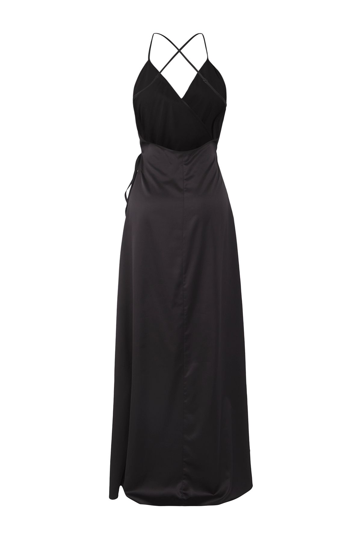 Kolekcia Trendyol-Čierne saténové tkané dlhé elegantné večerné šaty v áčkovej línii TPRSS25AE00108 6