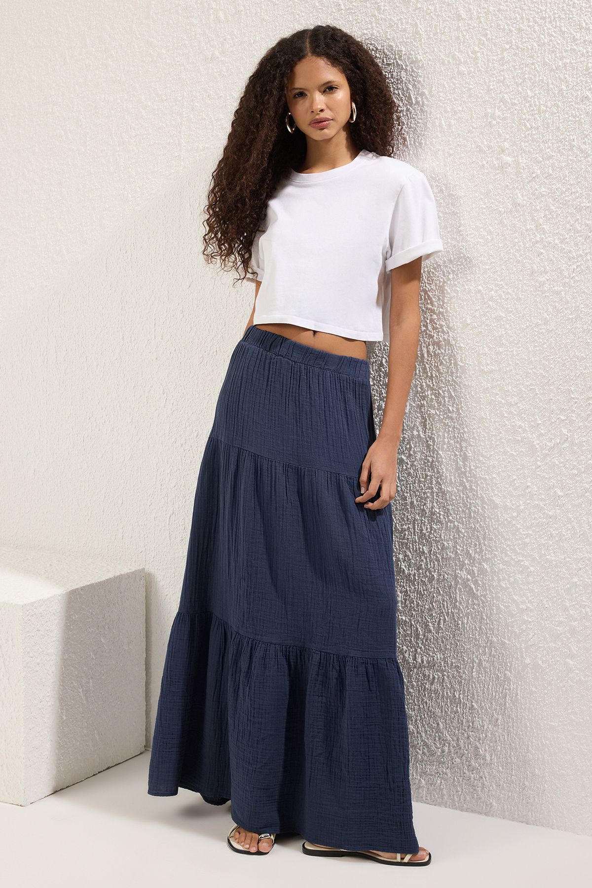 Trendyolmilla  Lacivert %100 Pamuk Müslin Uzun Maxi Etek TWOSS25ET00174 - Görsel 2