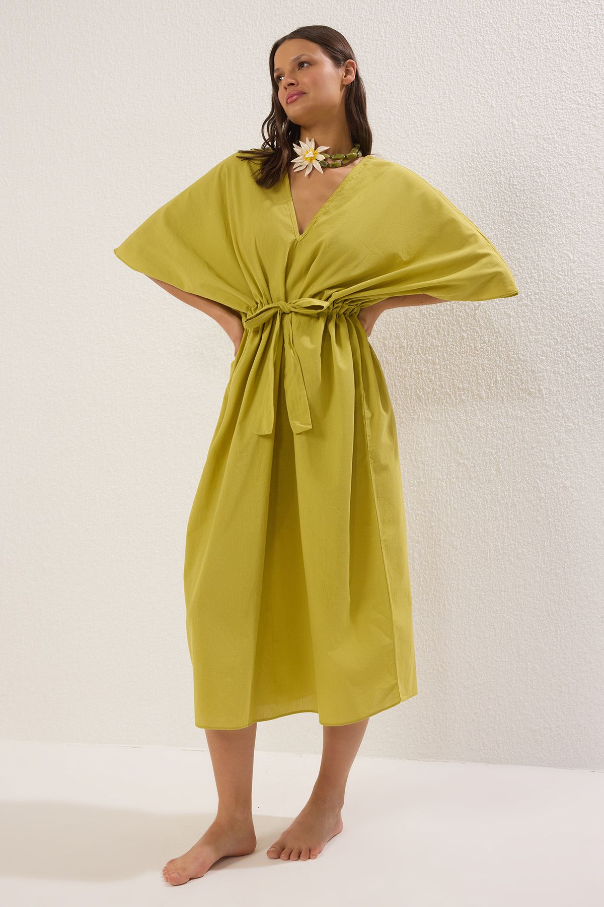 Trendyol Collection Olejově zelené Maxi tkané plážové šaty ze 100% bavlny TBESS25EL00041
