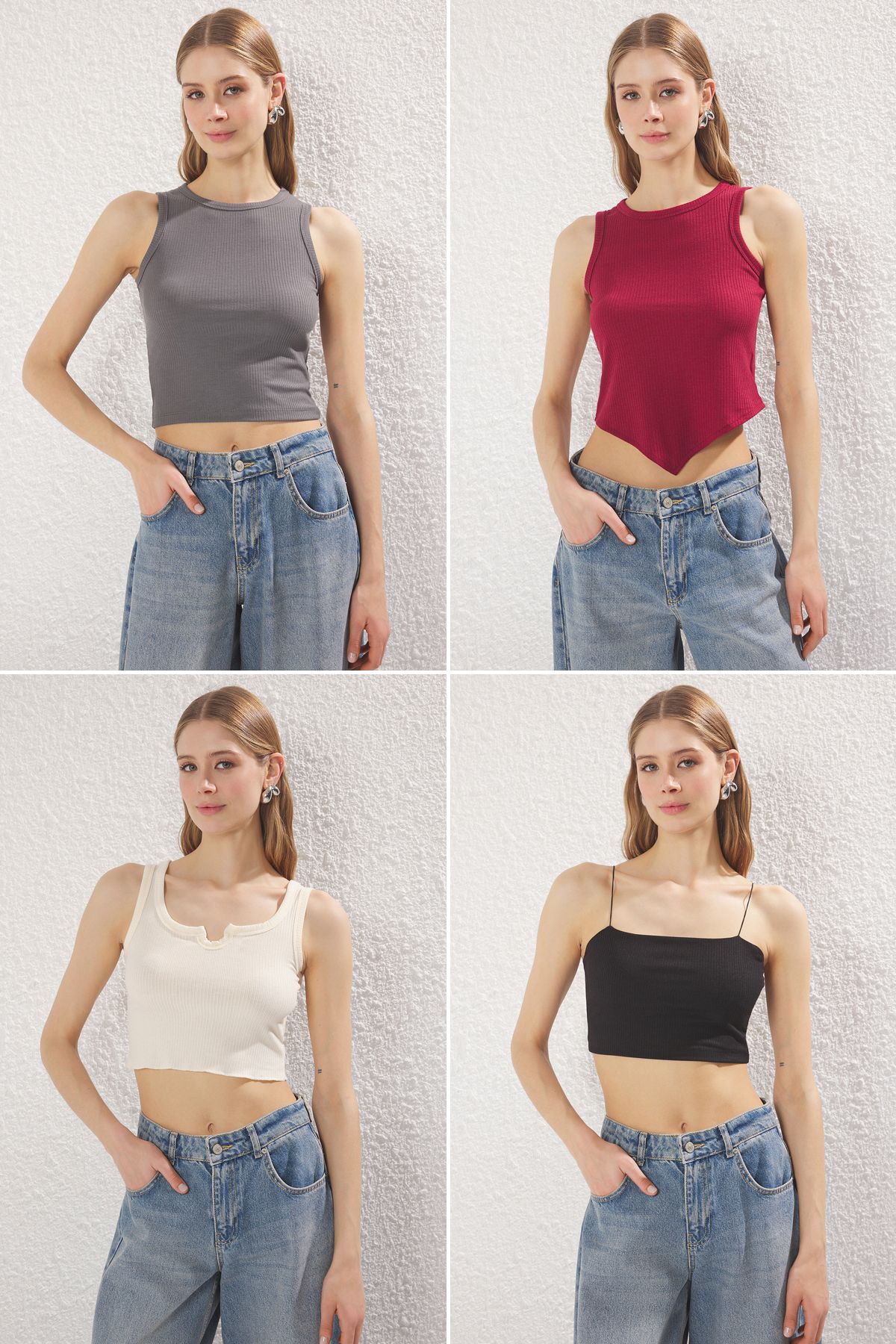 Trendyol Collection 4's Fitted / Body-sit Podkoszulek Dzianinowy W Kolorze Kamienno-bordowo-czarno-szarym Kobieta - S