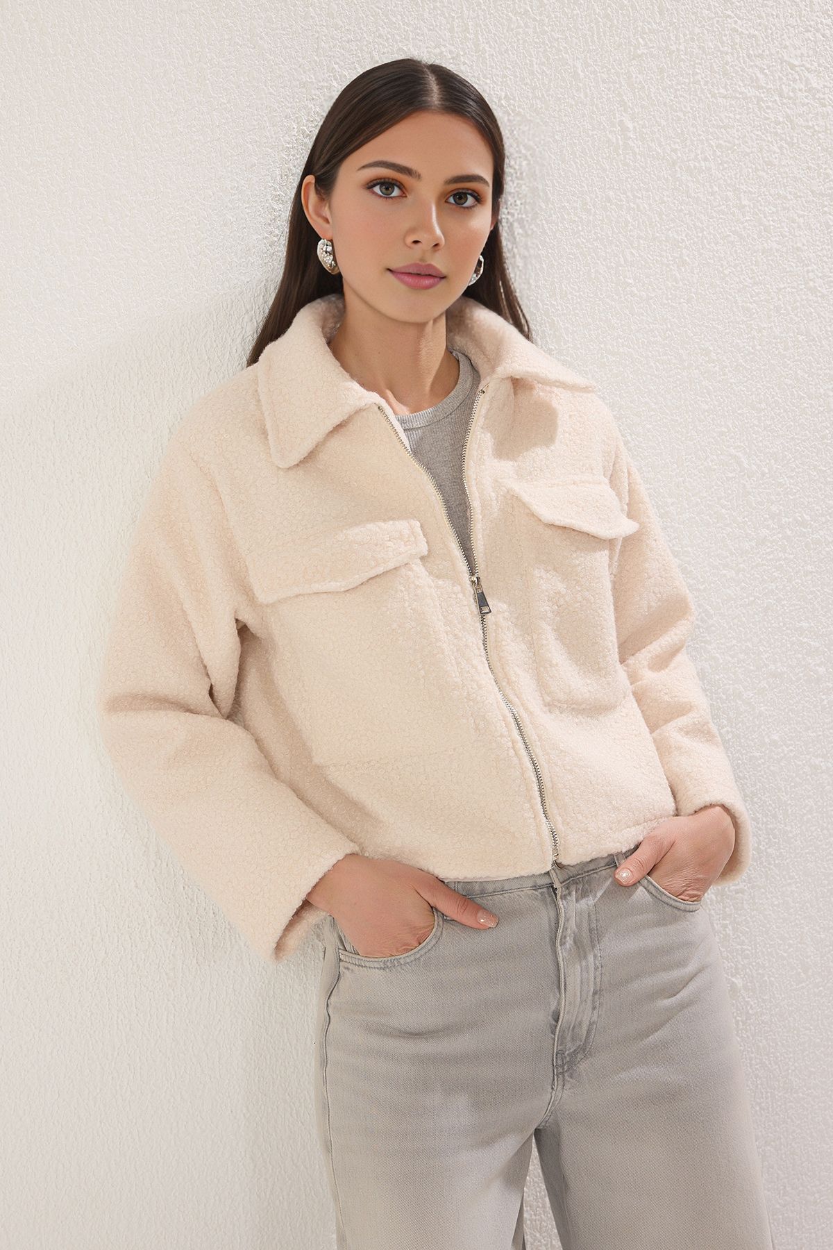 Trendyol Collection Kurtka Typu Regular Fit Ecru Pocket Thin Jacket Kobieta - S