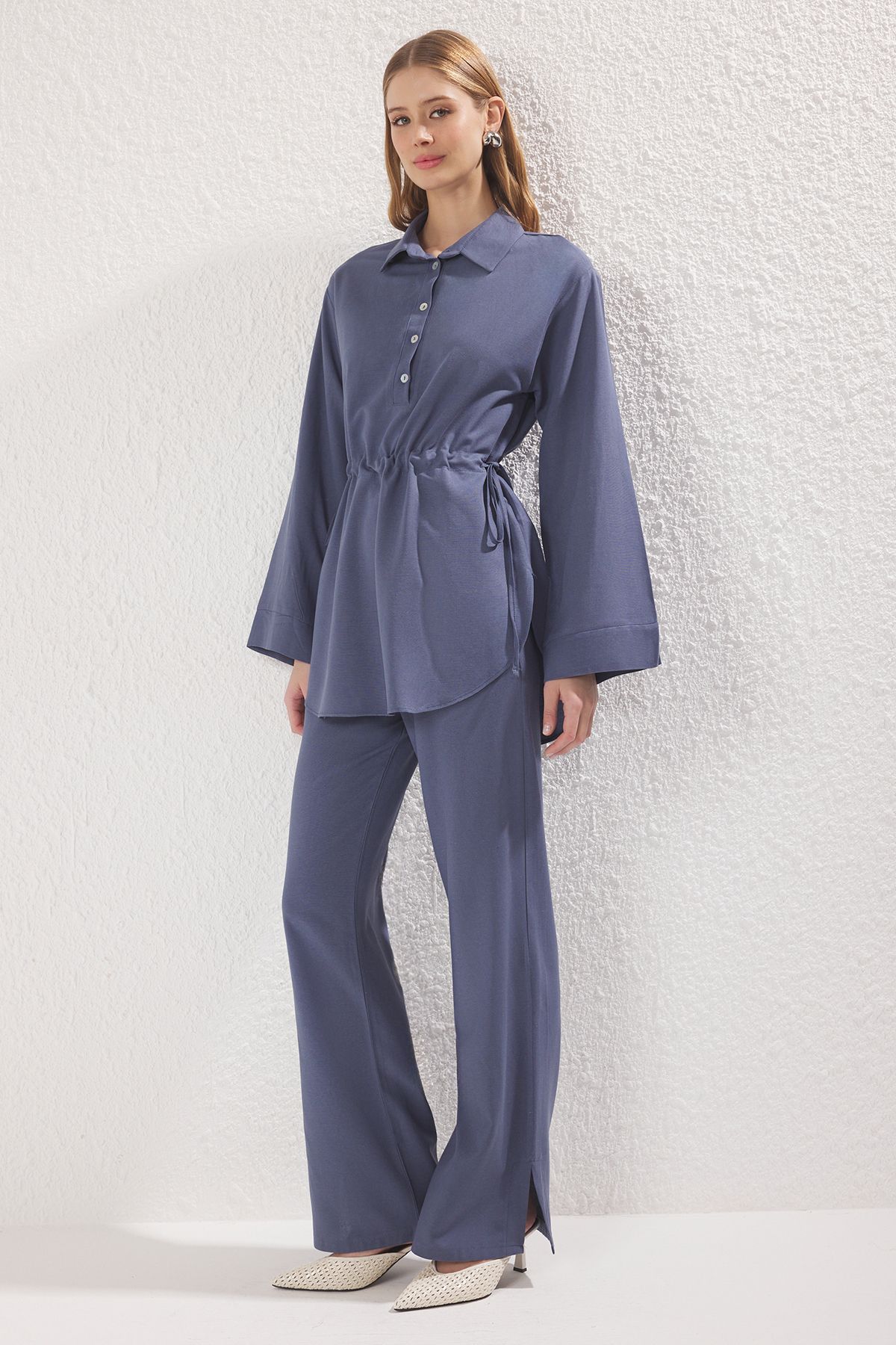 Trendyol Modest-Navy Blue Linen Blended Mother of Pearl Button Woven Bottom-Top Suit Tctss25Us00028 1