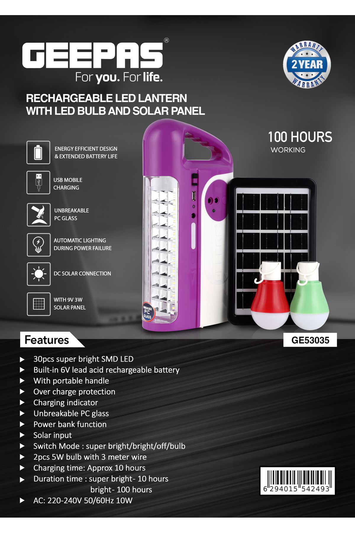 Geepas-Rechargeable LED Lantern with LED Bulb and Solar Panel | USB Mobile Charging|100 Hours Working 3