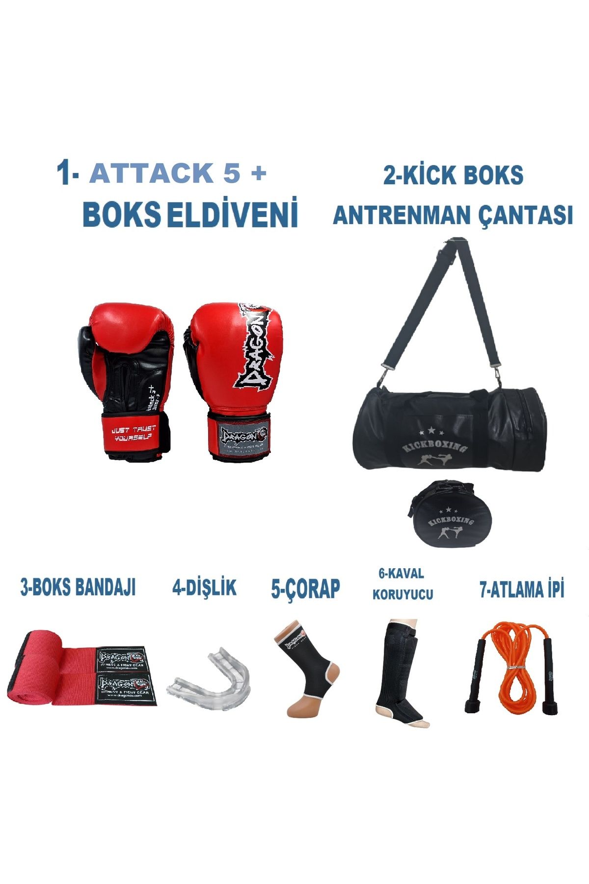 Dragondo Gifttoom, Kıck Boks Sporcu Çantalı antrenman Seti, Dragon Attack 5+ Boks Eldiveni tamset çantalı