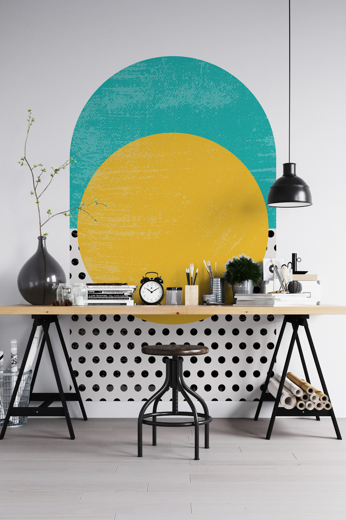 Kendinden Yapışkanlı Kalın Kanvas Dokulu Bauhaus Geometrik Sanat Duvar Kağıdı , Kolay Uygulama