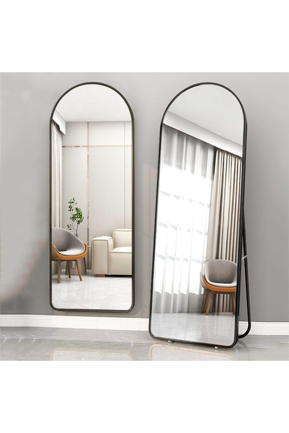 Generic-مرآة كاملة الطول بتصميم عصري مستطيلة مع انحناء دائري واطار معدني باللون الأسود مقاس 176x77سم 2