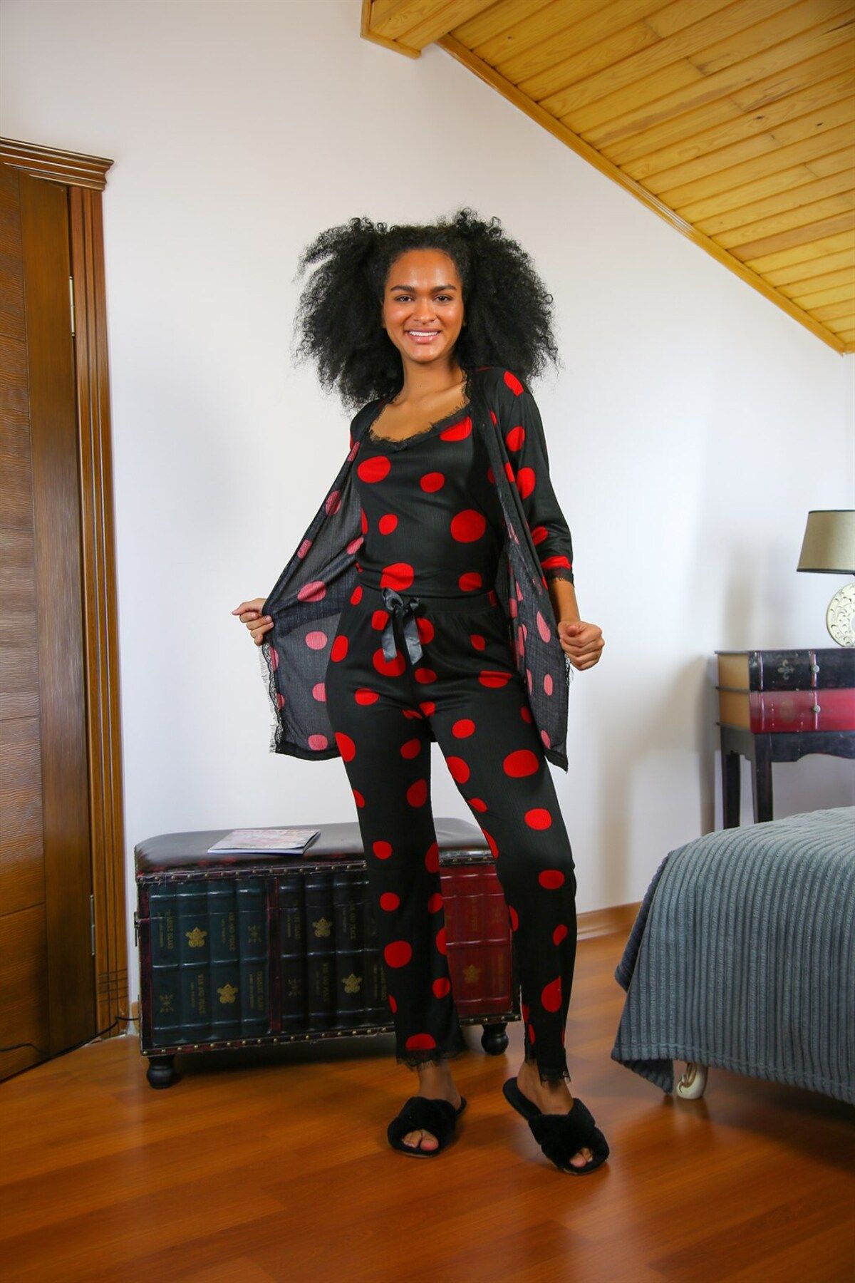 Akbeniz Costum De Pijama Halat Din 3 Piese Pentru Femei Femeie - S