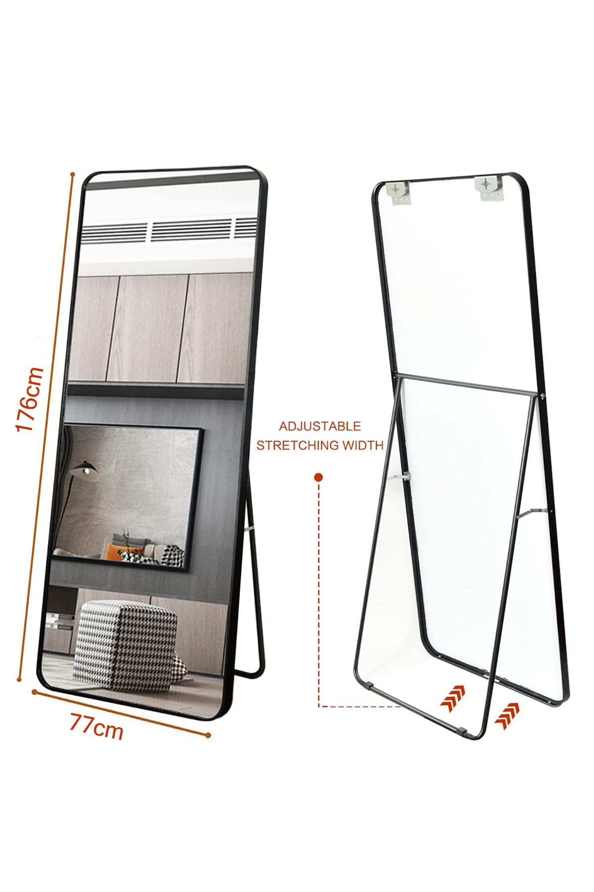 Generic-Modern Rectangular Full Length Mirror with Rounded Corners and Black Metal Frame 176x77cm 6