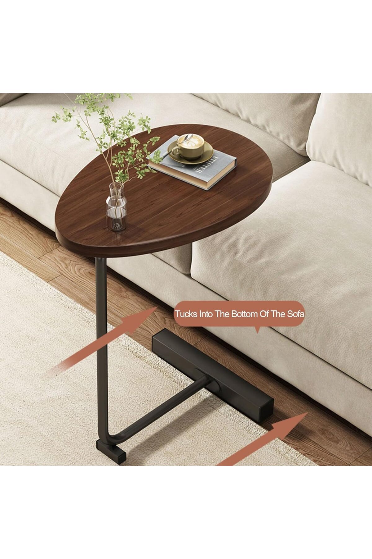 طاولة قهوة عصرية | طاولة جانبية علي شكل حرف سي سطح خشبي  وارجل معدنية باللون الأسود 60x45x30 سم