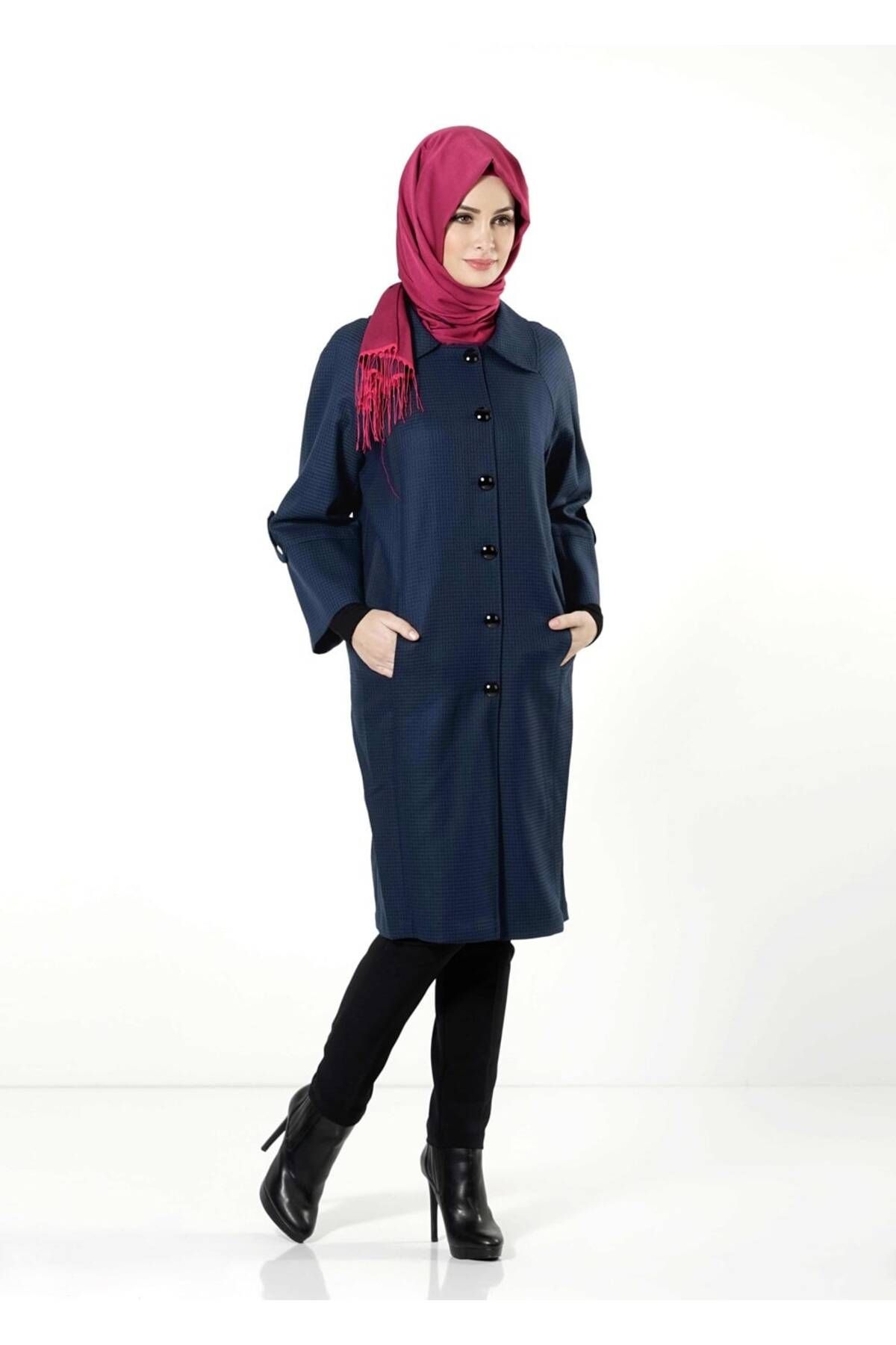 TRENDTESETTÜR Kadın Lacivert (A.LACİVERT) Bebe Yaka Geniş Kesim Trençkot 1390