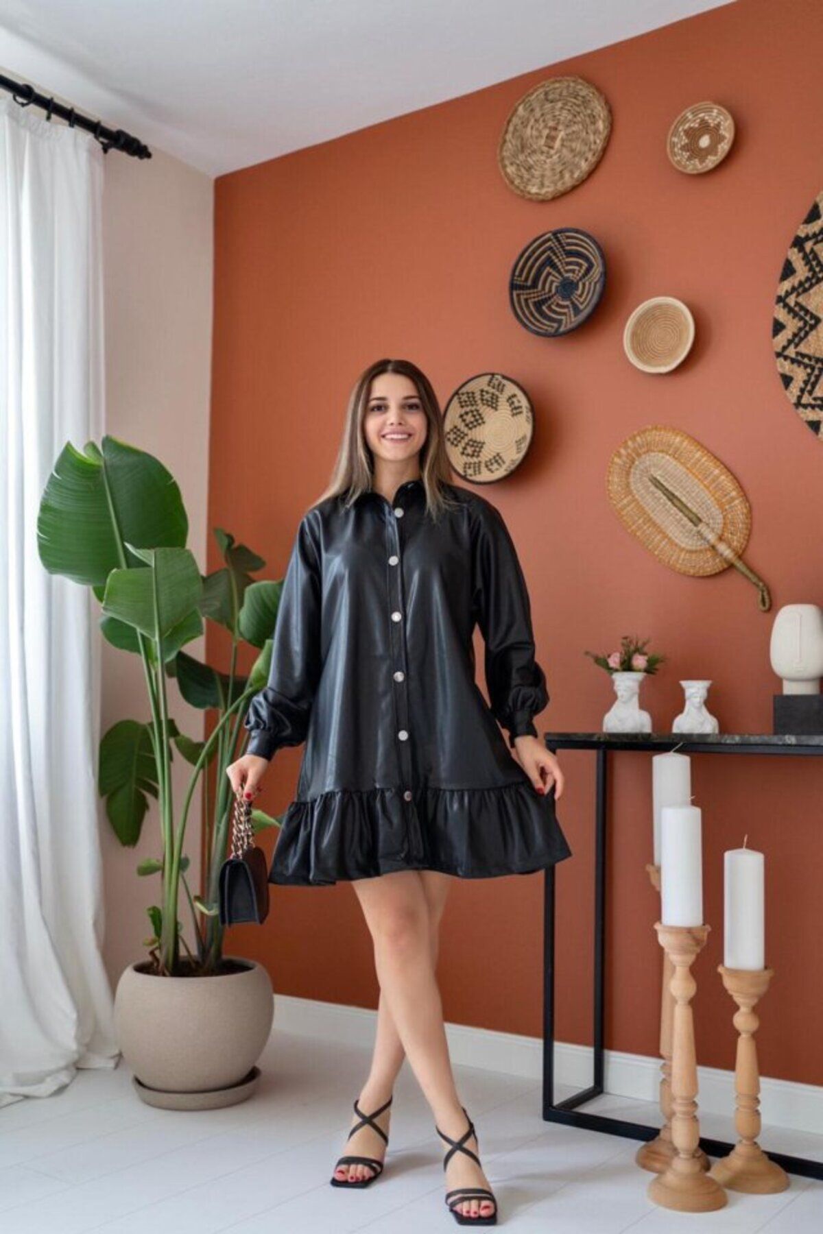 JANES Fusta Neagra Rochie din piele adunata- Trendyol