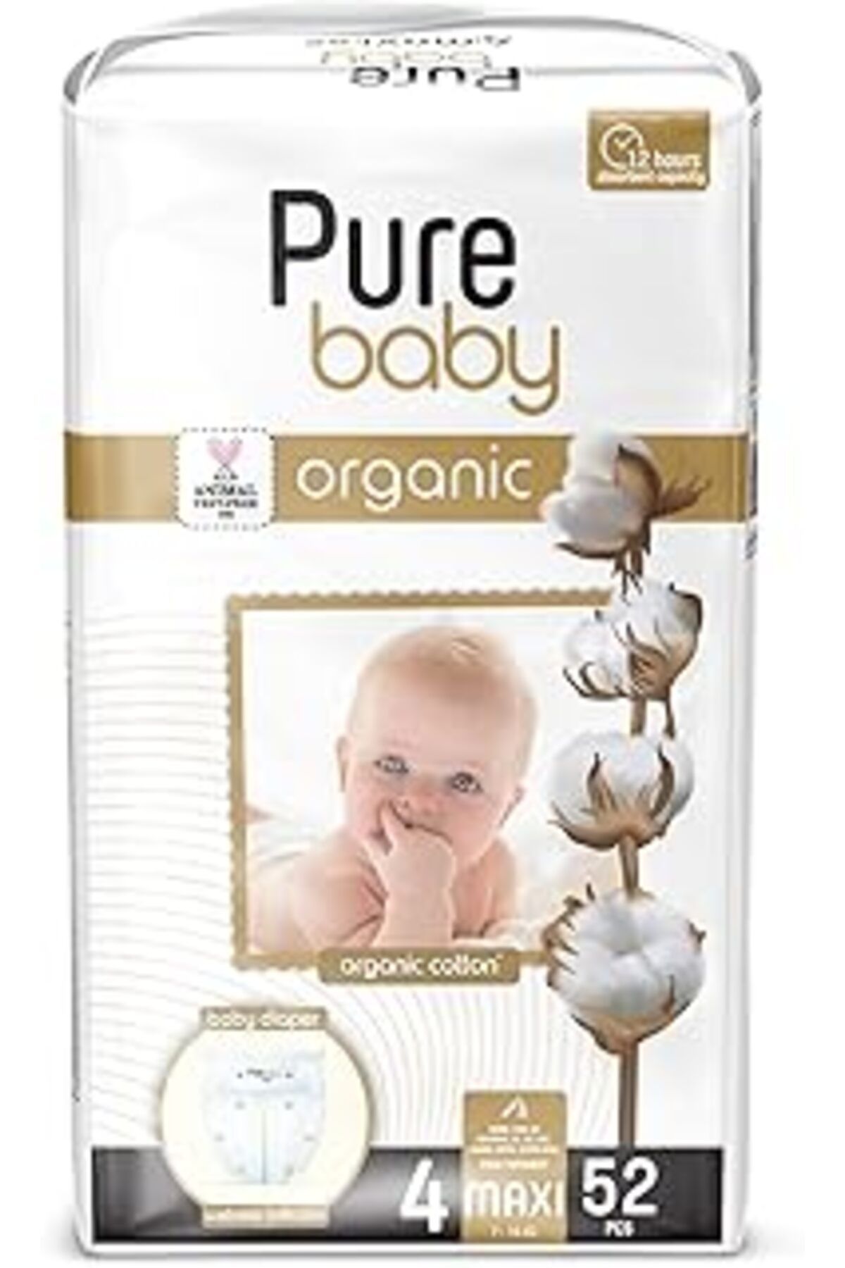 NZM TİCARET Pure Baby Organik Pamuklu Cırtlı Bez Tekli Paket 4 Numara Maxi 52 Adet